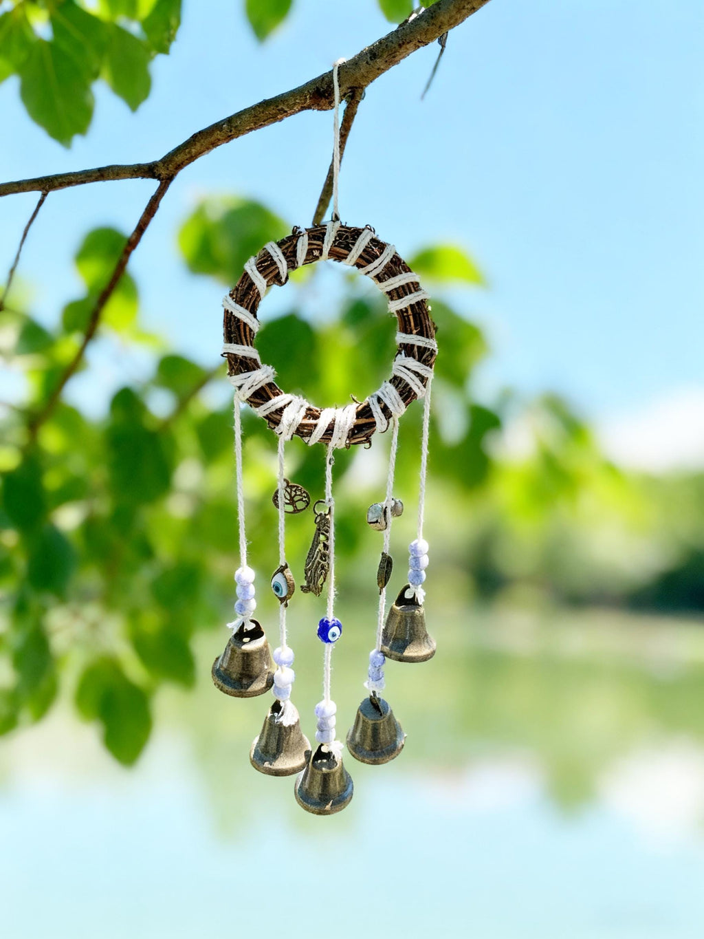 White Witch Bells, Hanging Bells on Rope, Hanging Bells for Temple, Pagan Decor, Witchcraft Supplies Kit