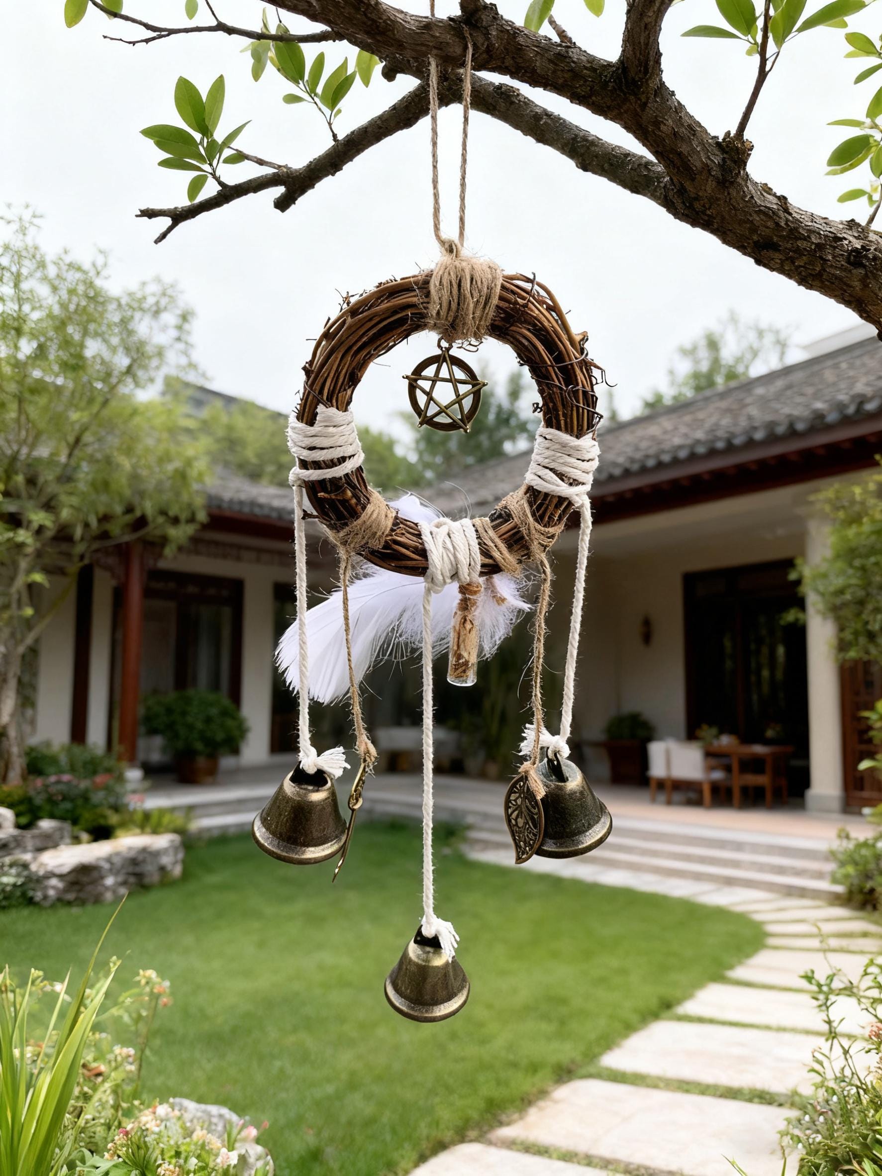 Handmade Witch Bells for Door Protection,  Wicca Witch Bells for Blessing, Pagan Decor Housewarming Gift, Hanging Bells for Outdoor