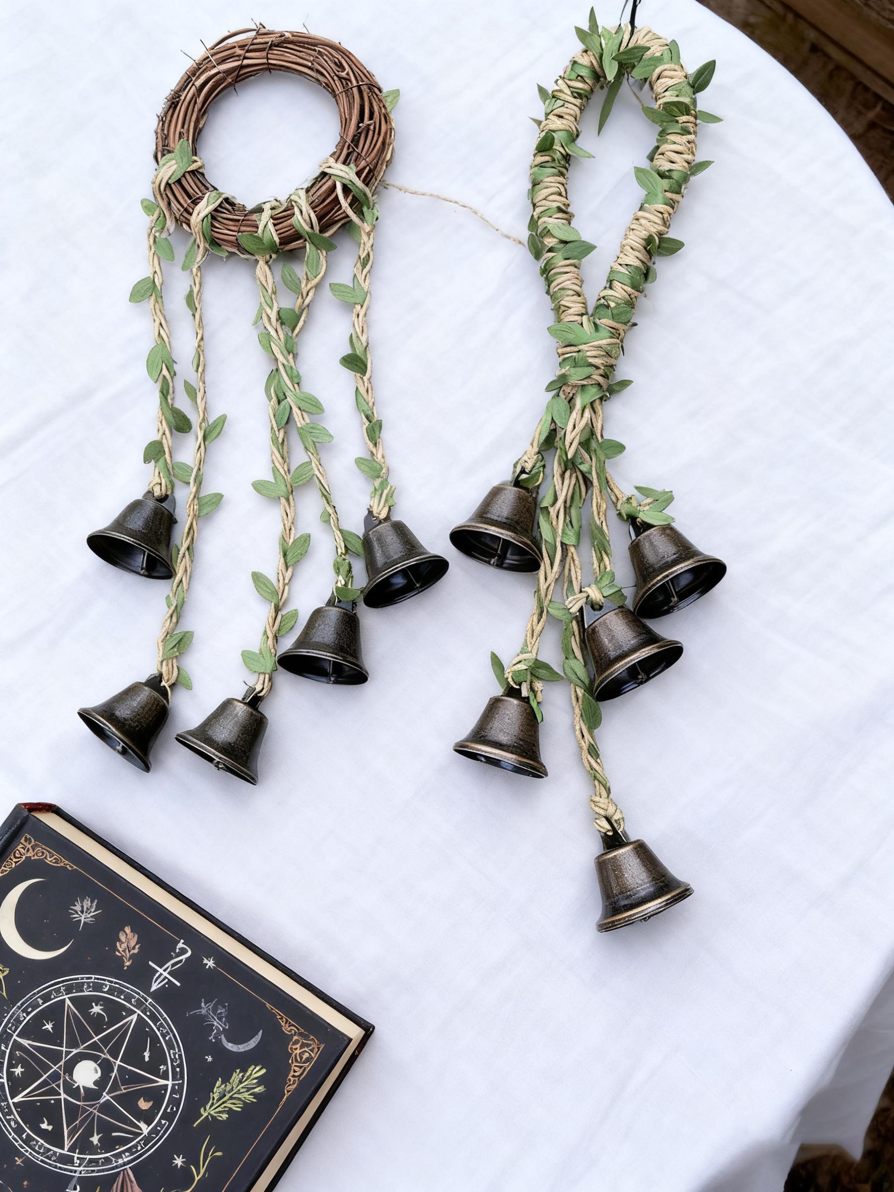 Set of 2 Rattan Wreath Witch Bells for Door Knob, Witches Bell for Protection, Pagan Wiccan Gift, Rustic Folk Magic Charm, Halloween Gift