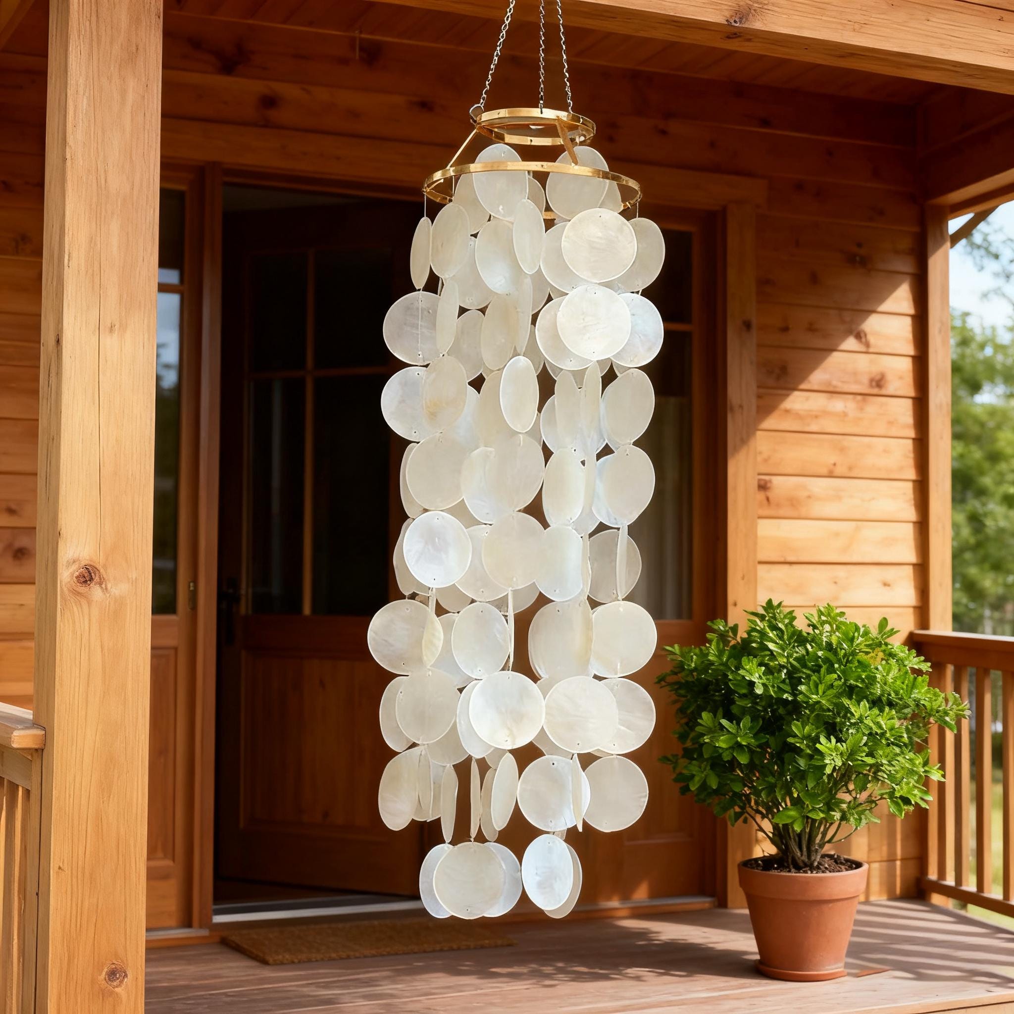 Handmade White Natural Capiz Wind Chime, Pearlescent Shell Chime for Porch, Capiz Shell Wind Chime, Wedding Gift, Porch & Garden Wind Chime