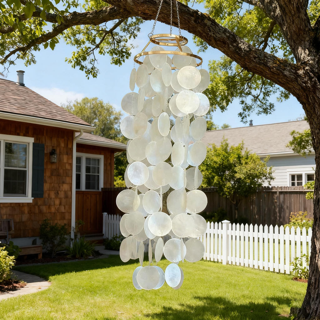 Handmade White Natural Capiz Wind Chime, Pearlescent Shell Chime for Porch, Capiz Shell Wind Chime, Wedding Gift, Porch & Garden Wind Chime