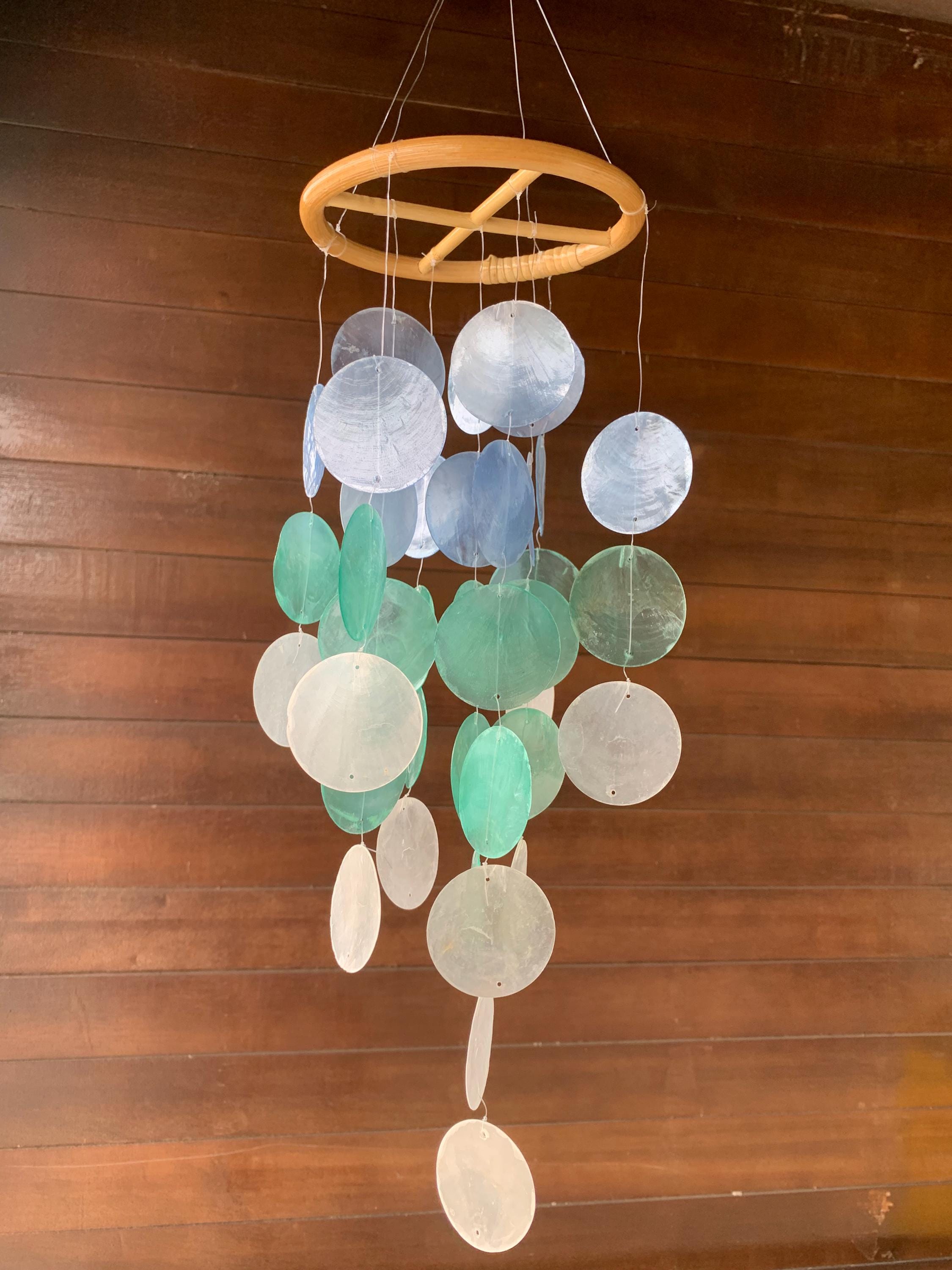 Handmade Blue & White Seashell Wind Chime,  Natural Ocean Beach Decor, Ocean Breeze Seashell Wind Chime, Beach House Decor, Gifts for Her