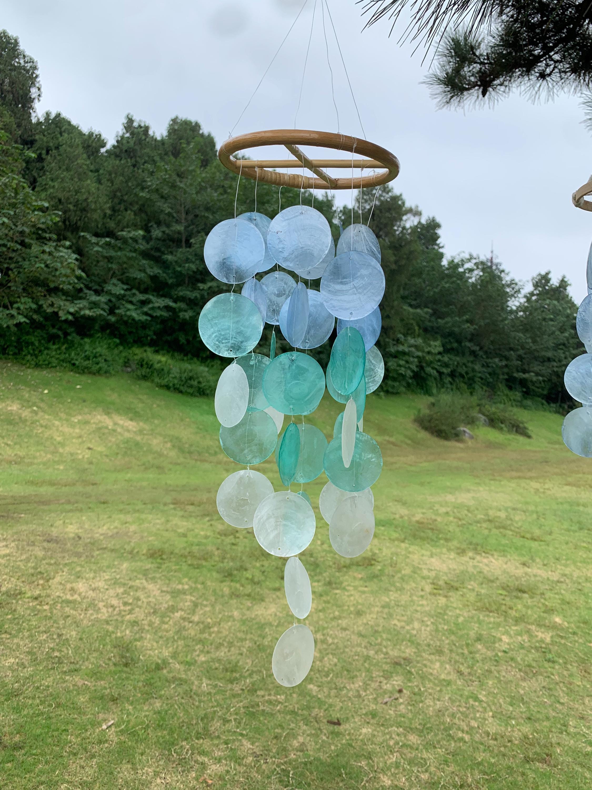 Handmade Blue & White Seashell Wind Chime,  Natural Ocean Beach Decor, Ocean Breeze Seashell Wind Chime, Beach House Decor, Gifts for Her