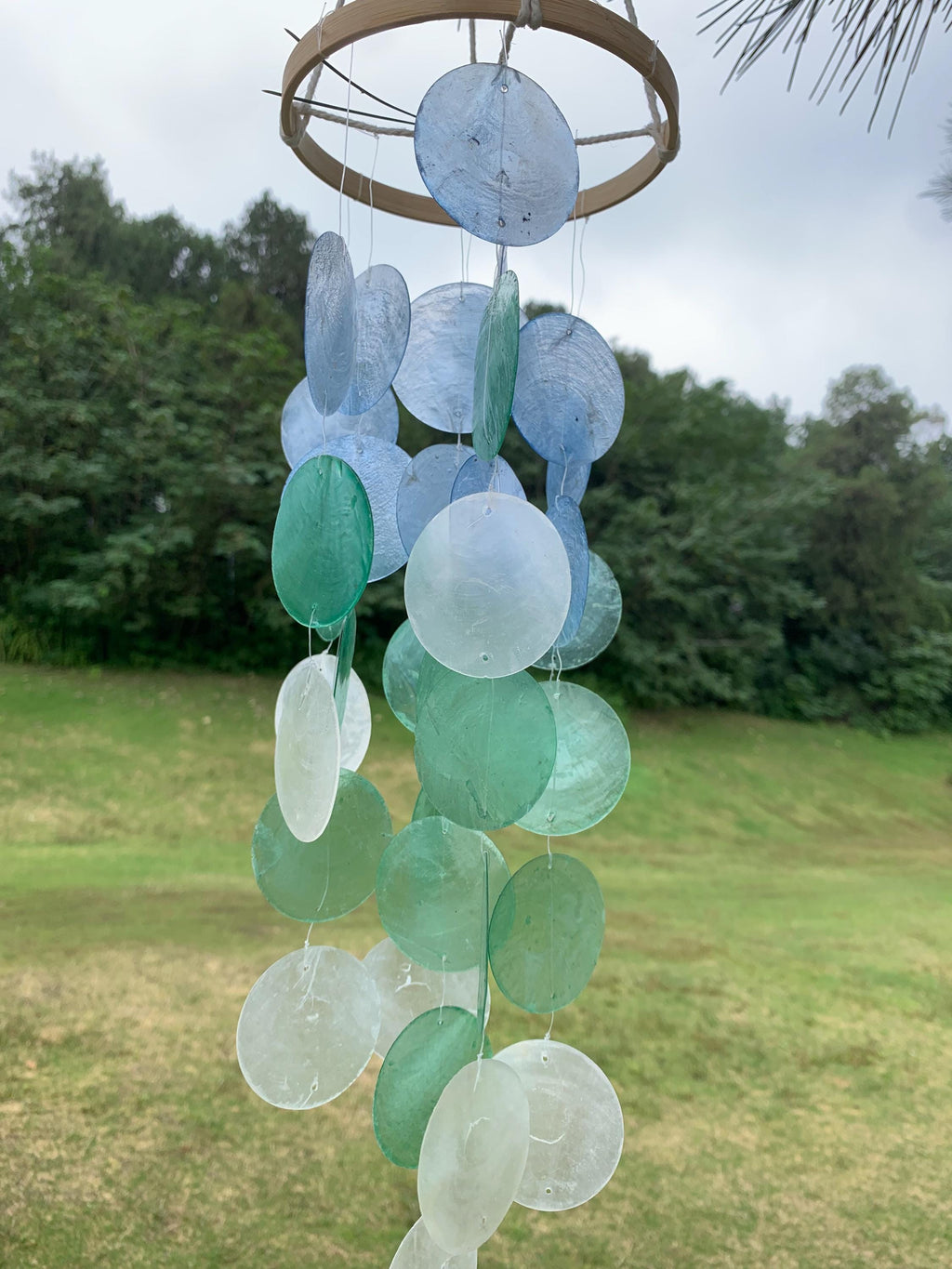 Handmade Blue & White Seashell Wind Chime,  Natural Ocean Beach Decor, Ocean Breeze Seashell Wind Chime, Beach House Decor, Gifts for Her