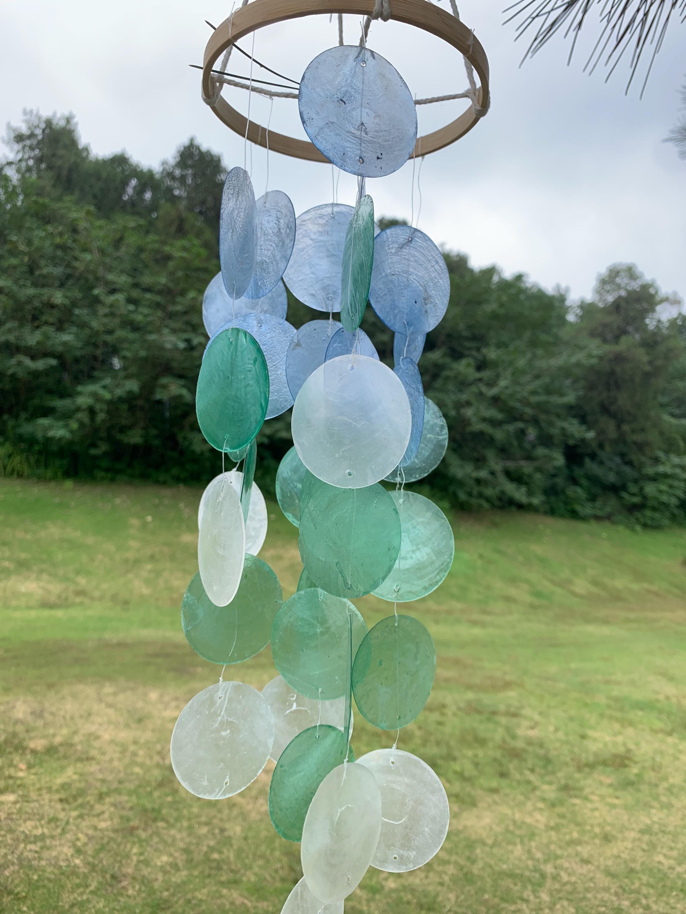 Handmade Blue & White Seashell Wind Chime,  Natural Ocean Beach Decor, Ocean Breeze Seashell Wind Chime, Beach House Decor, Gifts for Her