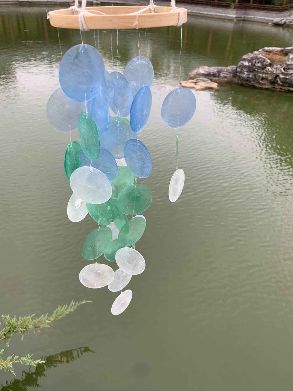 Handmade Blue & White Seashell Wind Chime,  Natural Ocean Beach Decor, Ocean Breeze Seashell Wind Chime, Beach House Decor, Gifts for Her