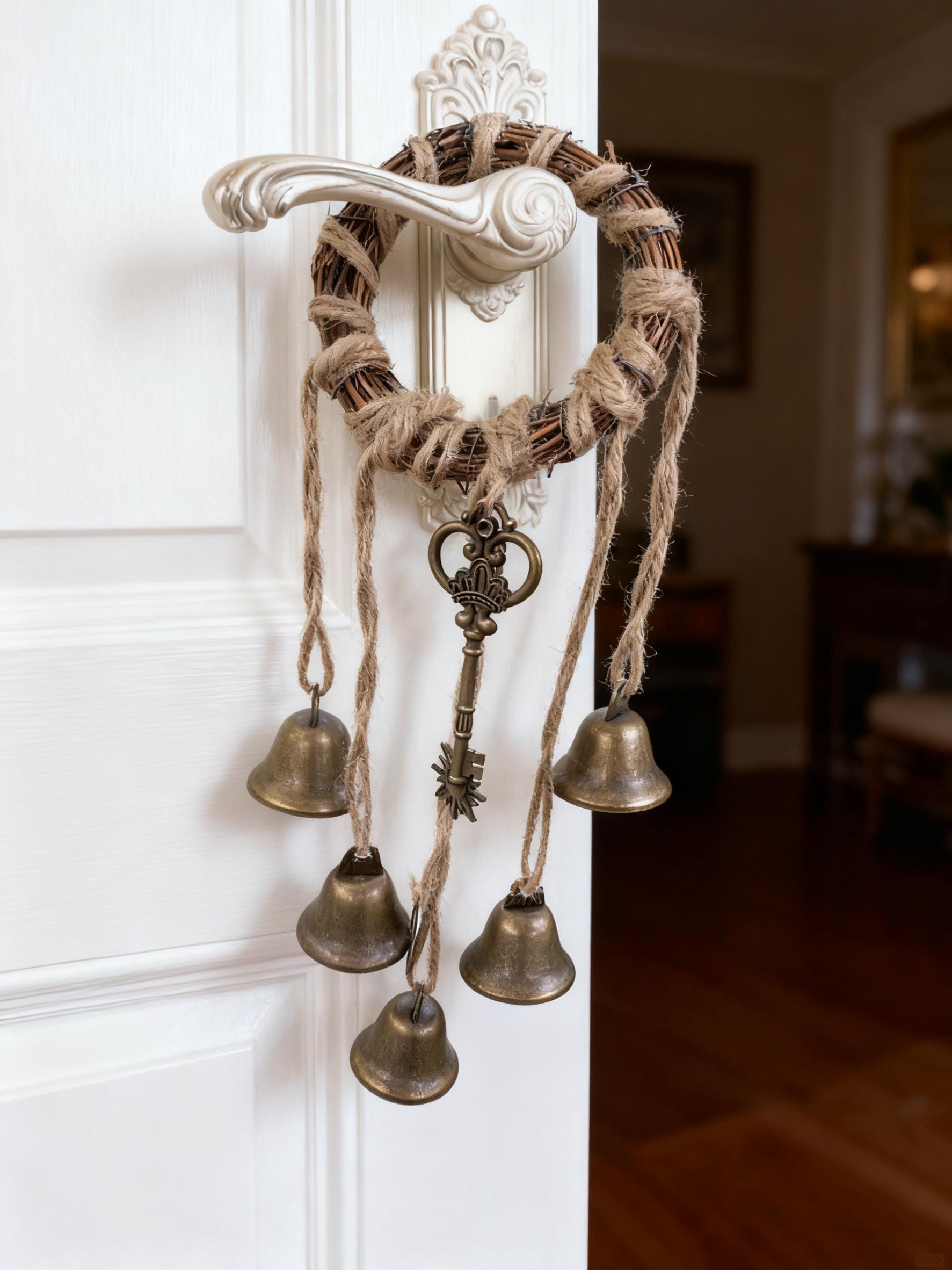 Protective Witch Bells on Wicker Ring,  Banish Negative Energy, Folk Magic Charm for Home & Garden, Boho Cottagecore Wreath Bells