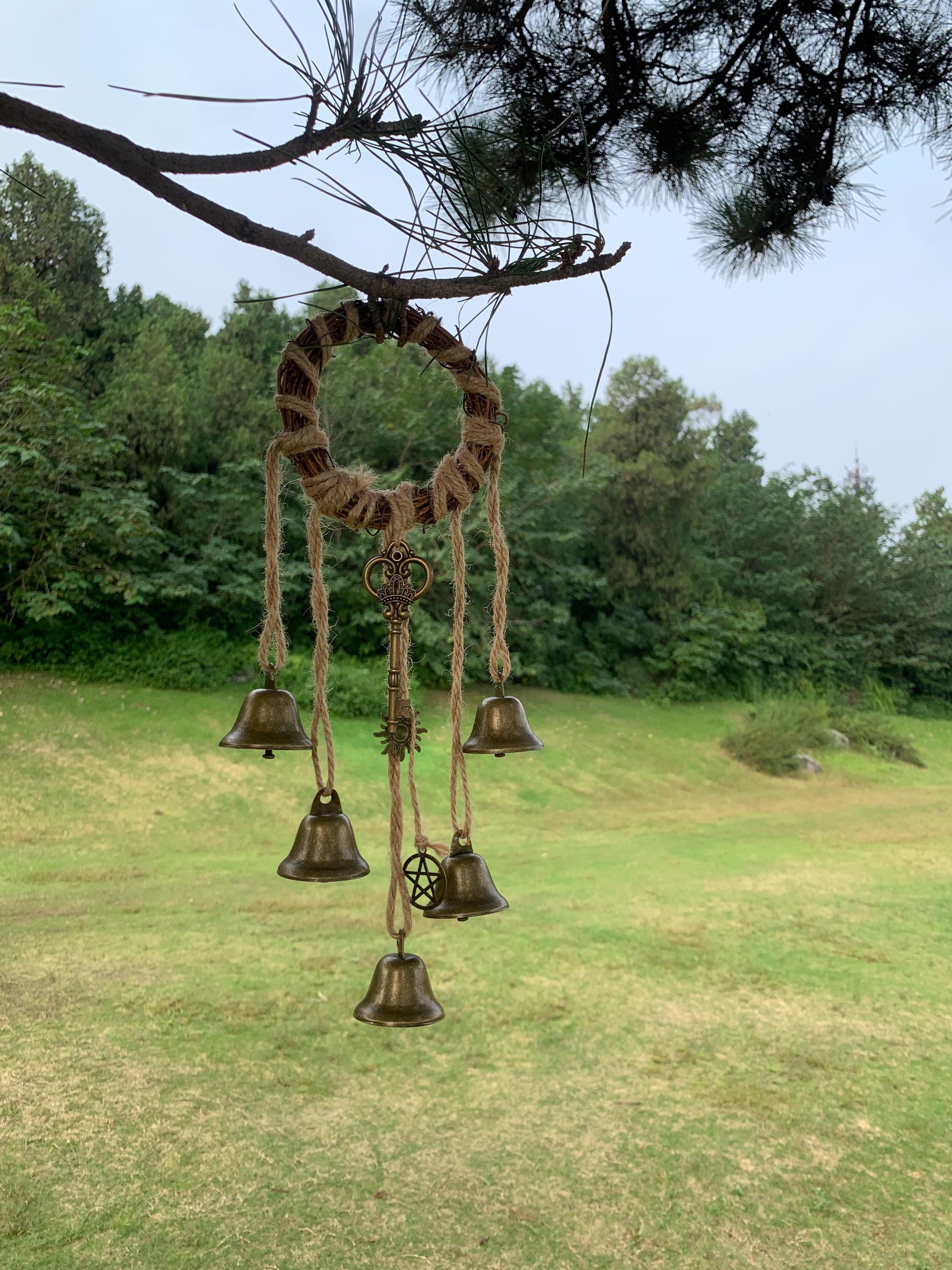 Protective Witch Bells on Wicker Ring,  Banish Negative Energy, Folk Magic Charm for Home & Garden, Boho Cottagecore Wreath Bells
