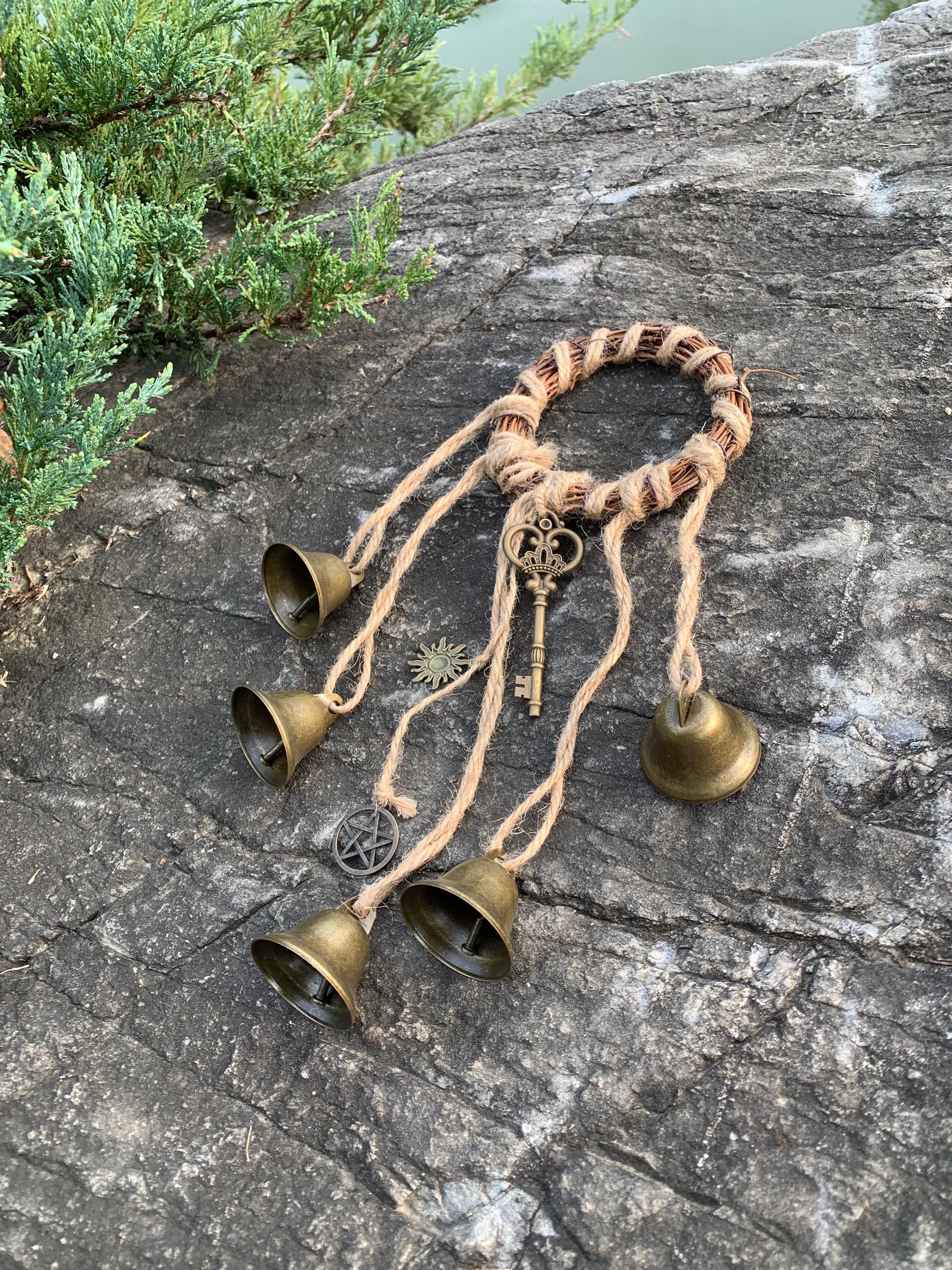 Protective Witch Bells on Wicker Ring,  Banish Negative Energy, Folk Magic Charm for Home & Garden, Boho Cottagecore Wreath Bells