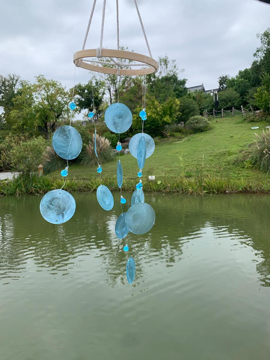 Azure Mermaid Wind Chime, Handmade with Blue Shells and Sea Glass, Soo