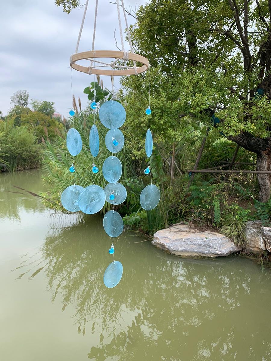 Azure Mermaid Wind Chime, Handmade with Blue Shells and Sea Glass, Soo