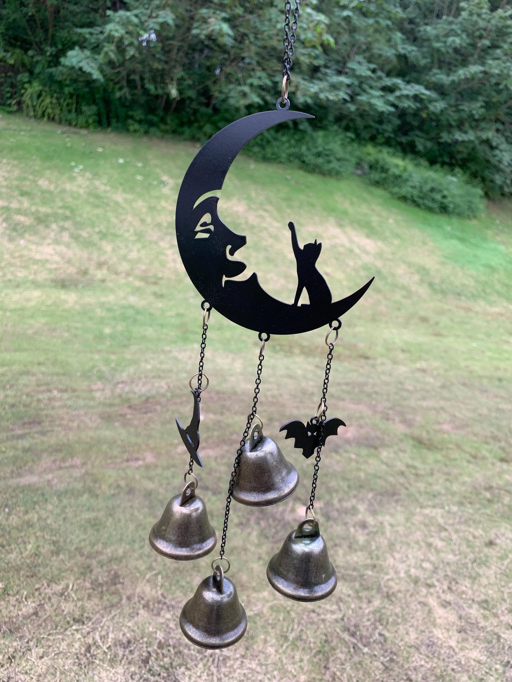 Black Moon & Cat Witch Bells, Black Moon and Silhouette Cat Hanging Bells for Home Protection, Protection Charm for Home, Witchy Gift