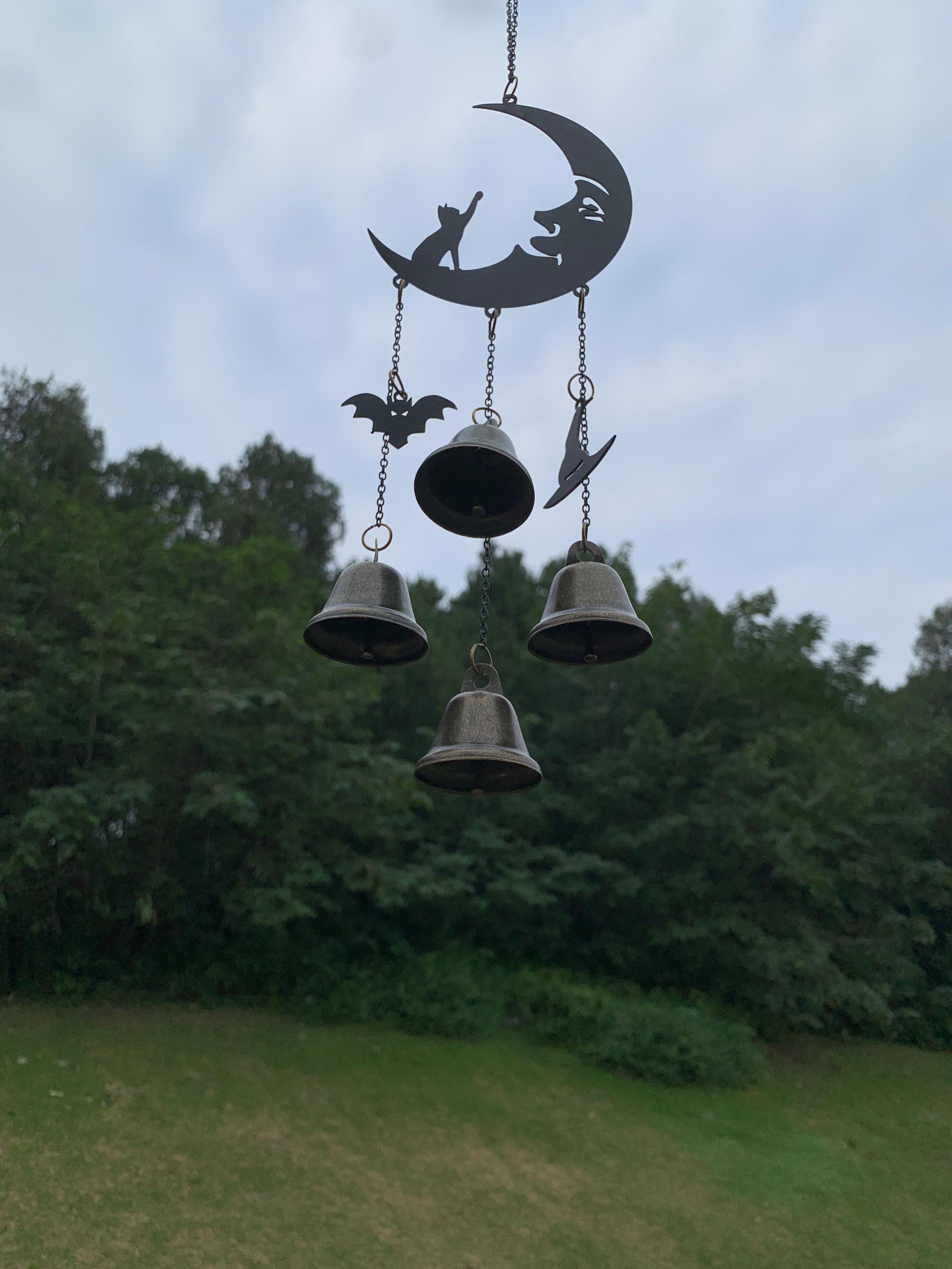 Black Moon & Cat Witch Bells, Black Moon and Silhouette Cat Hanging Bells for Home Protection, Protection Charm for Home, Witchy Gift