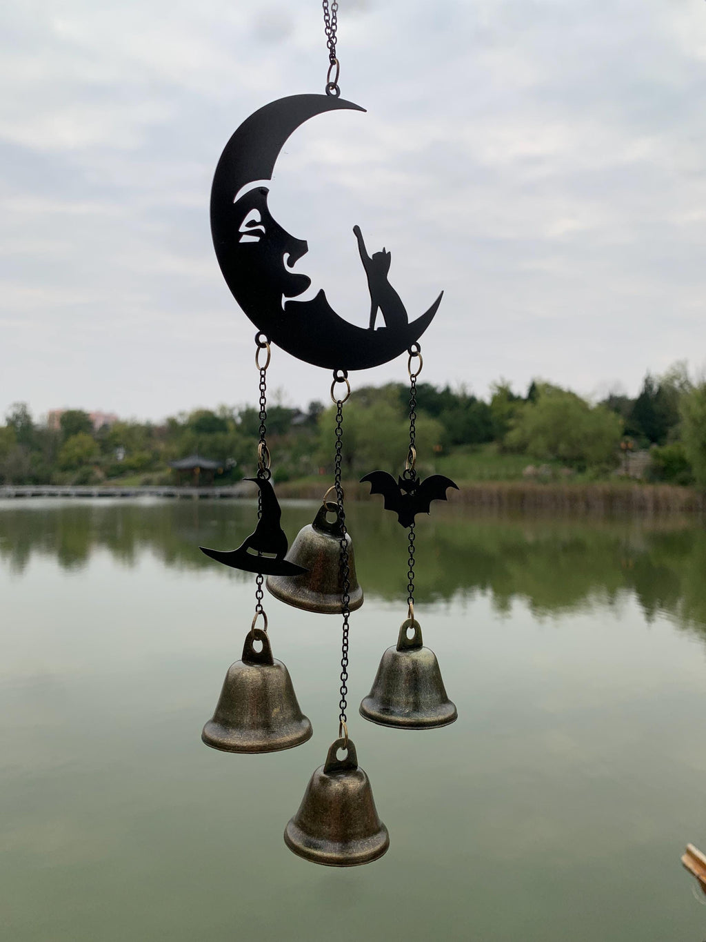 Black Moon & Cat Witch Bells, Black Moon and Silhouette Cat Hanging Bells for Home Protection, Protection Charm for Home, Witchy Gift