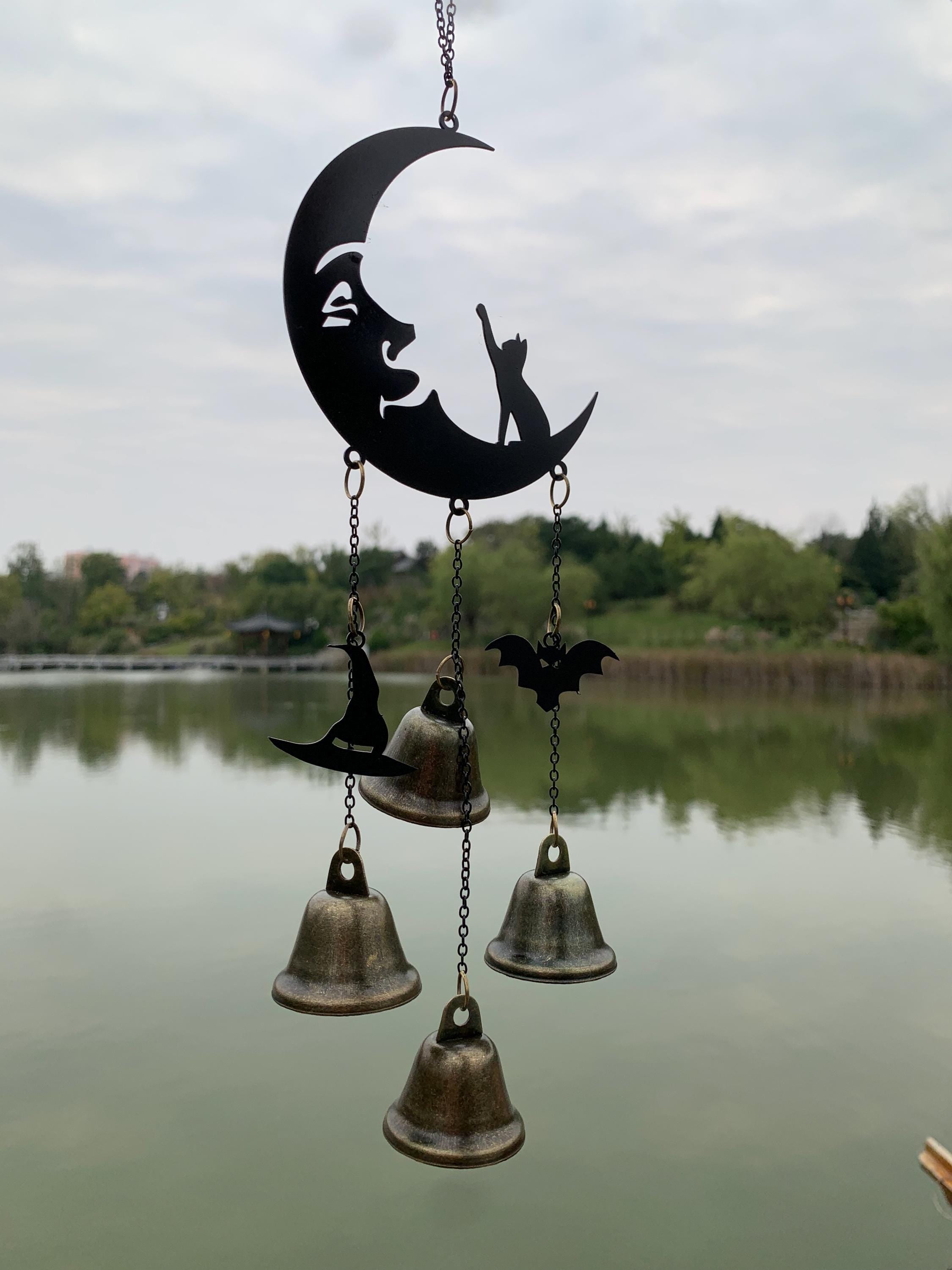 Black Moon & Cat Witch Bells, Black Moon and Silhouette Cat Hanging Bells for Home Protection, Protection Charm for Home, Witchy Gift