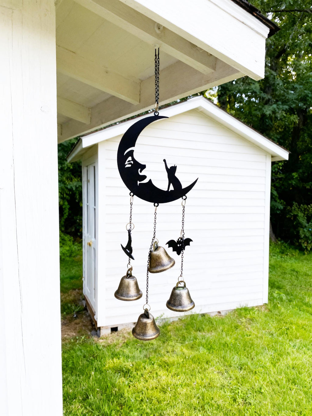 Black Moon & Cat Witch Bells, Black Moon and Silhouette Cat Hanging Bells for Home Protection, Protection Charm for Home, Witchy Gift