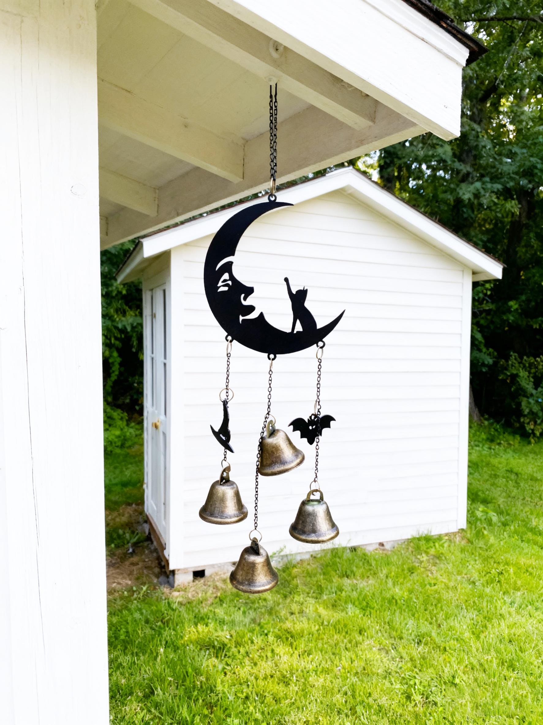 Black Moon & Cat Witch Bells, Black Moon and Silhouette Cat Hanging Bells for Home Protection, Protection Charm for Home, Witchy Gift