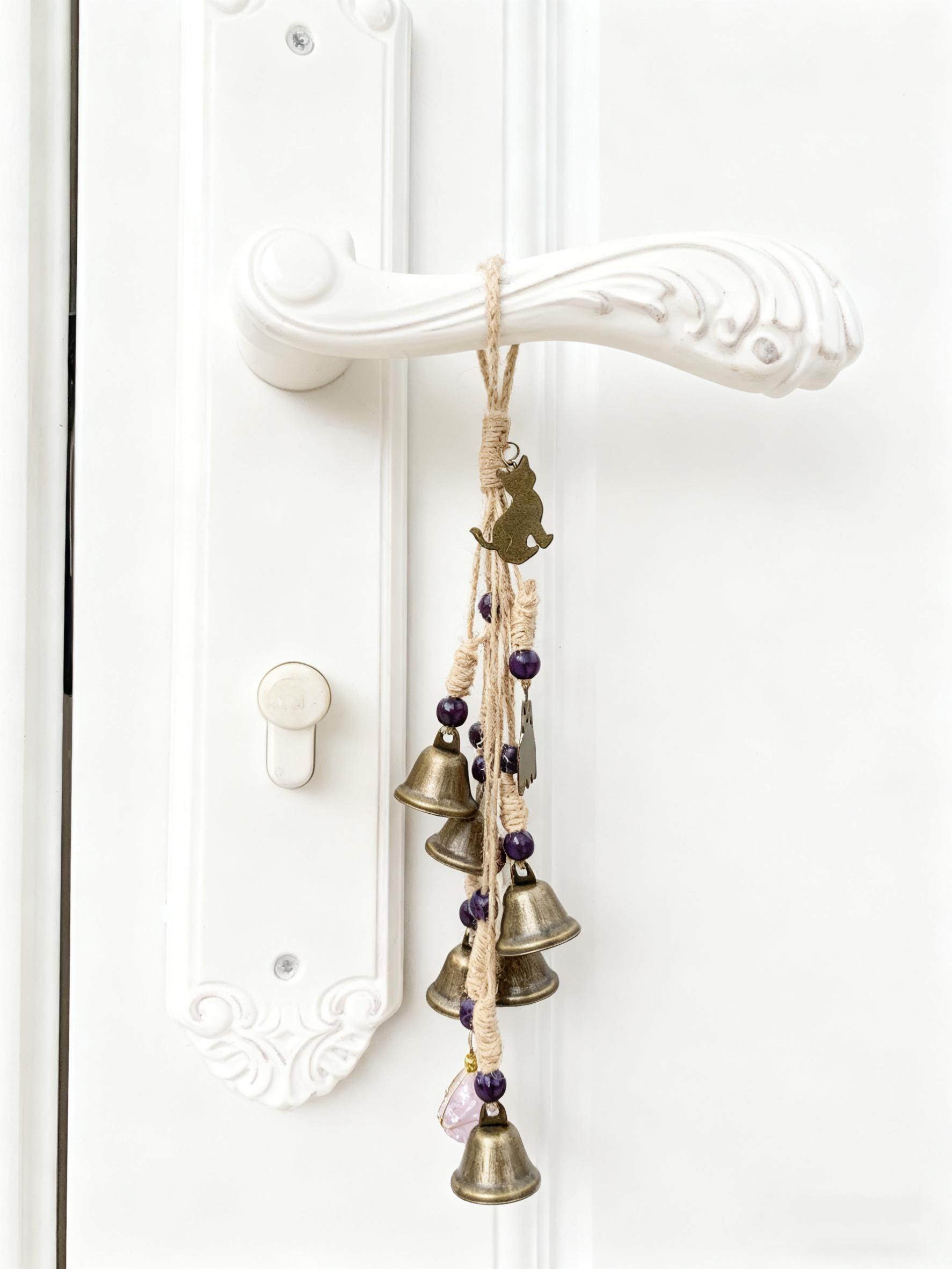 Hanging Bells for Door Knob with Amethyst, Handmade Witch Bells for Wiccan, Protective Charm for Door, Home Decor, Unique Spiritual Gift