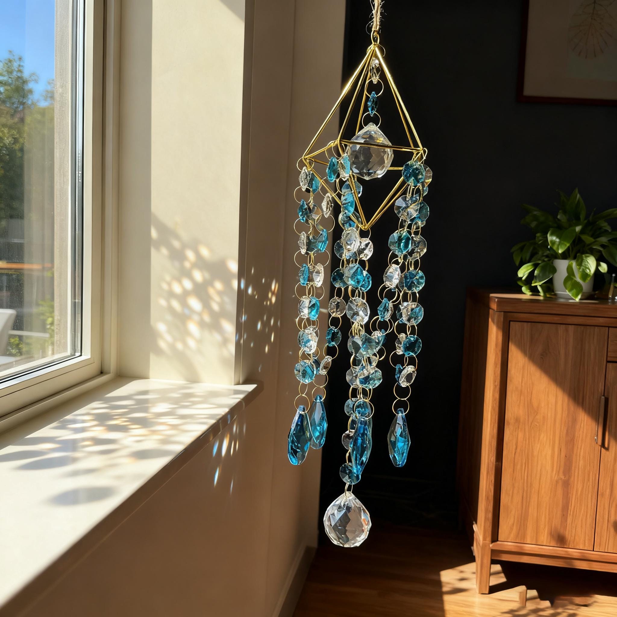 Dancing Rainbows Sun Catcher, Handmade with Crystal Prisms and Glass Beads,  Rainbow Light Maker for Window, Elegant Sun Catcher Wall Decor