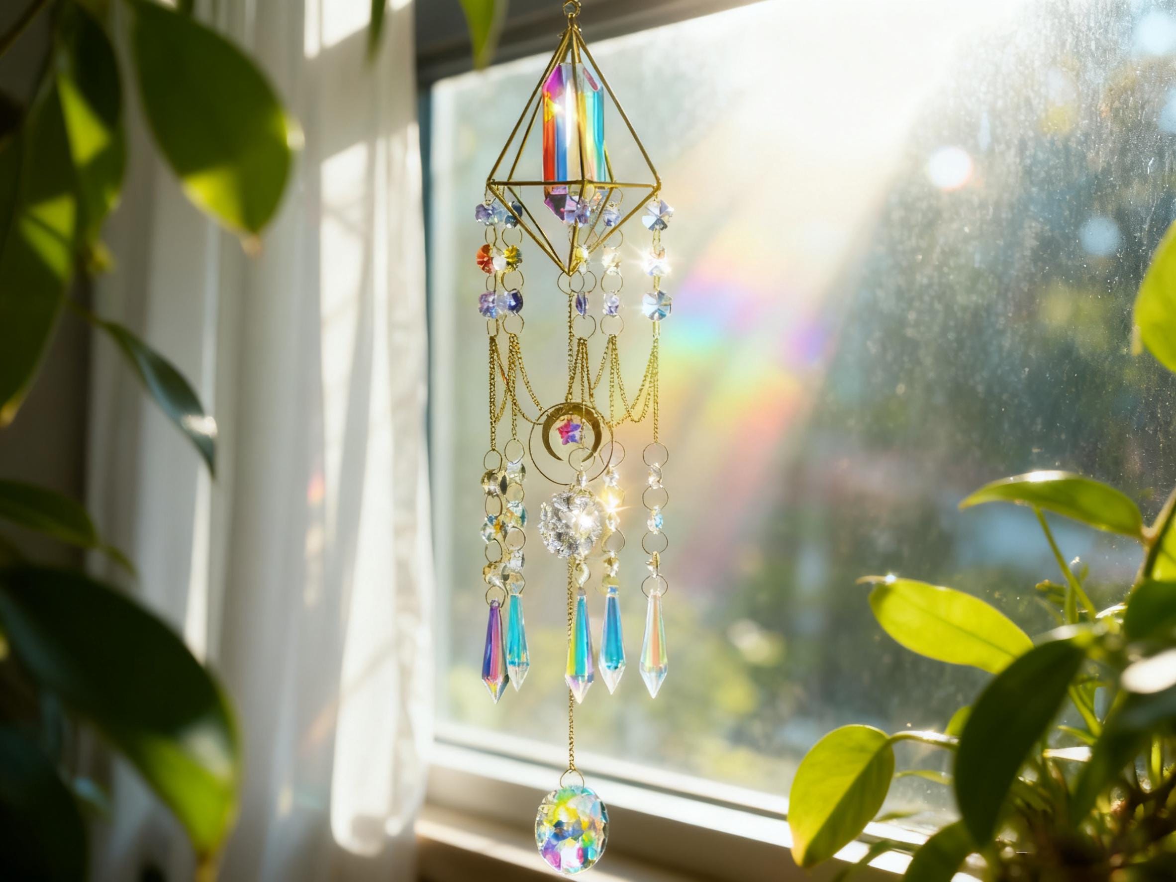 Stained Glass Sun Catcher, Crystal Prism Sun Catcher, Prism Rainbow Maker, Geometric Sun Catcher with Quartz Crystals, Healing Crystal Decor