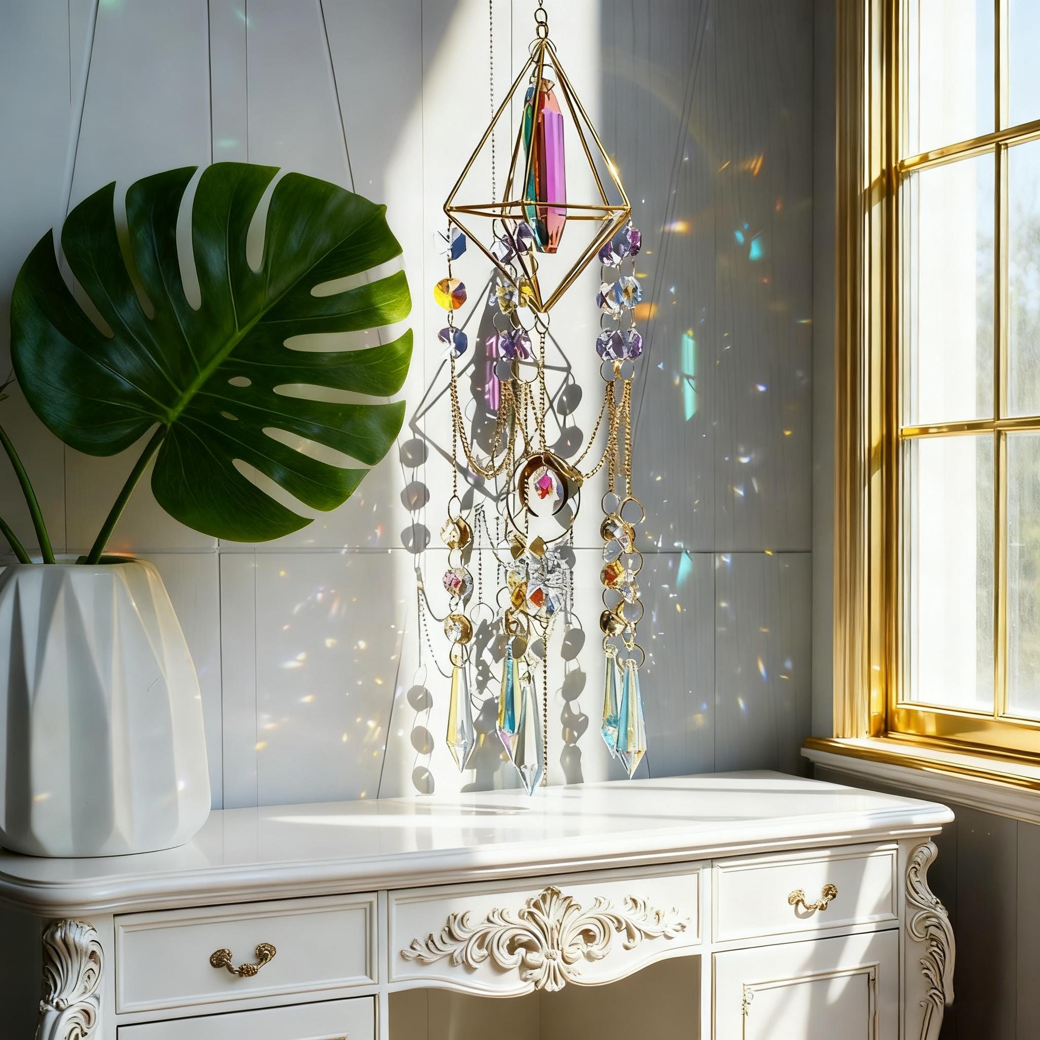 Stained Glass Sun Catcher, Crystal Prism Sun Catcher, Prism Rainbow Maker, Geometric Sun Catcher with Quartz Crystals, Healing Crystal Decor