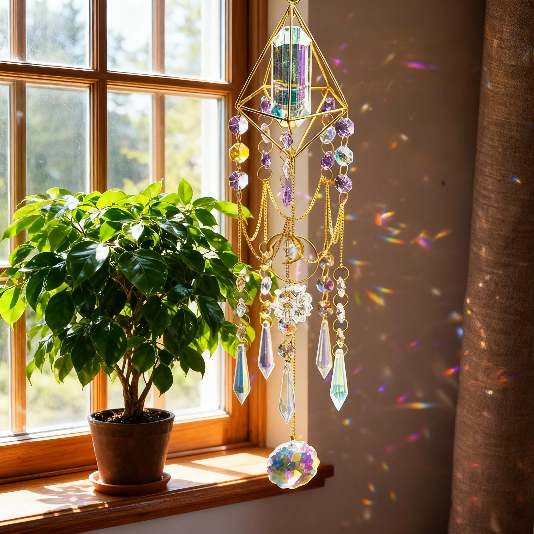 Stained Glass Sun Catcher, Crystal Prism Sun Catcher, Prism Rainbow Maker, Geometric Sun Catcher with Quartz Crystals, Healing Crystal Decor