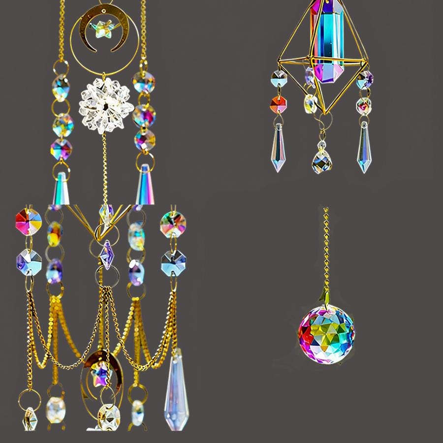 Stained Glass Sun Catcher, Crystal Prism Sun Catcher, Prism Rainbow Maker, Geometric Sun Catcher with Quartz Crystals, Healing Crystal Decor