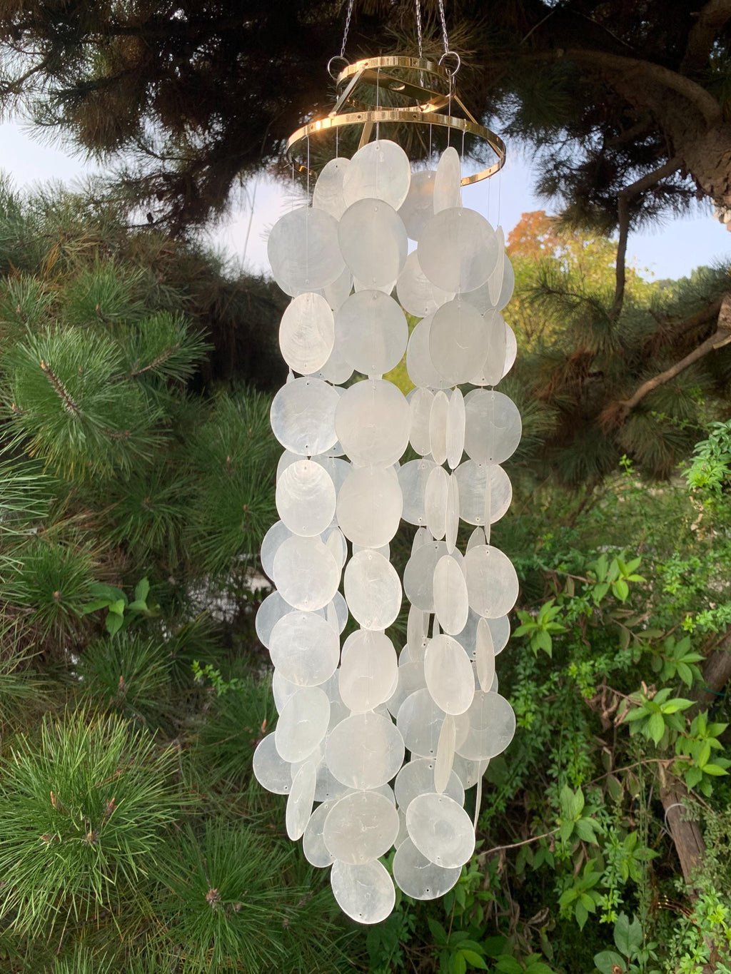 Handmade White Natural Capiz Wind Chime, Pearlescent Shell Chime for Porch, Capiz Shell Wind Chime, Wedding Gift, Porch & Garden Wind Chime