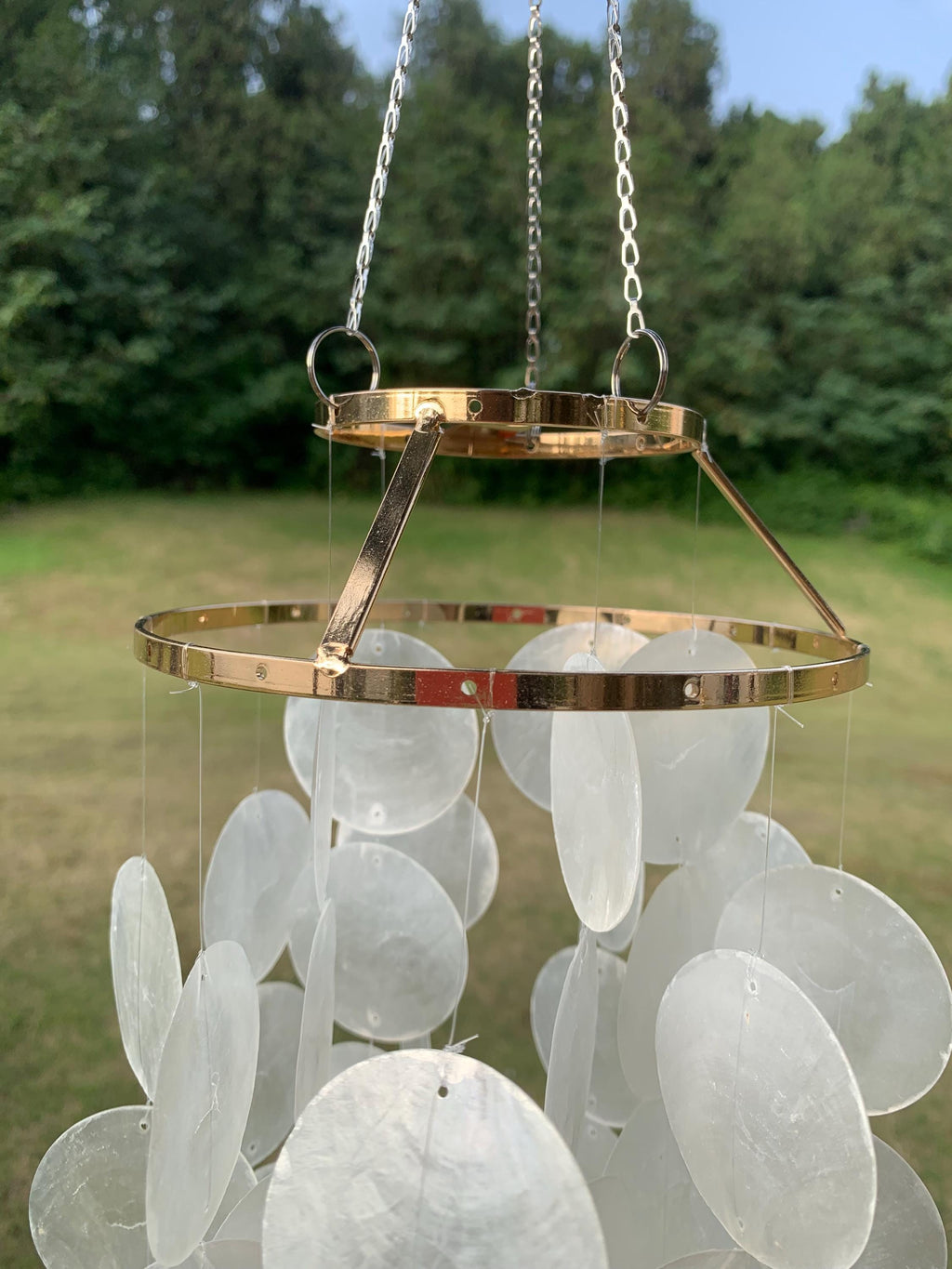 Handmade White Natural Capiz Wind Chime, Pearlescent Shell Chime for Porch, Capiz Shell Wind Chime, Wedding Gift, Porch & Garden Wind Chime
