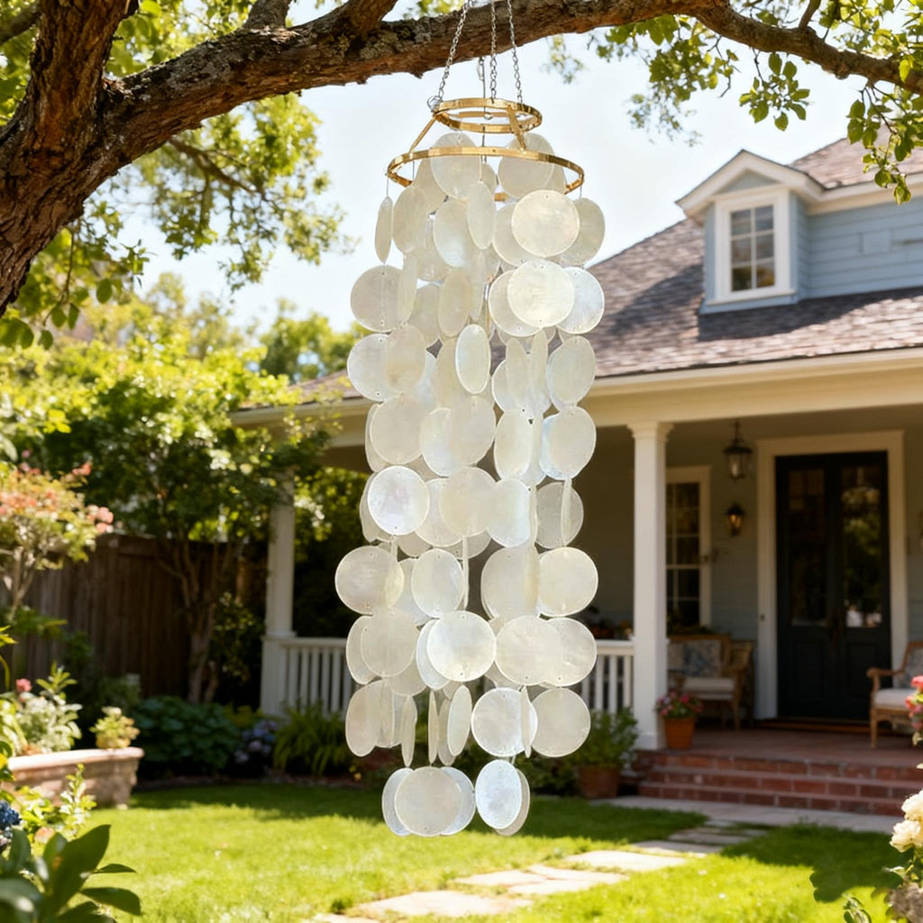 Handmade White Natural Capiz Wind Chime, Pearlescent Shell Chime for Porch, Capiz Shell Wind Chime, Wedding Gift, Porch & Garden Wind Chime