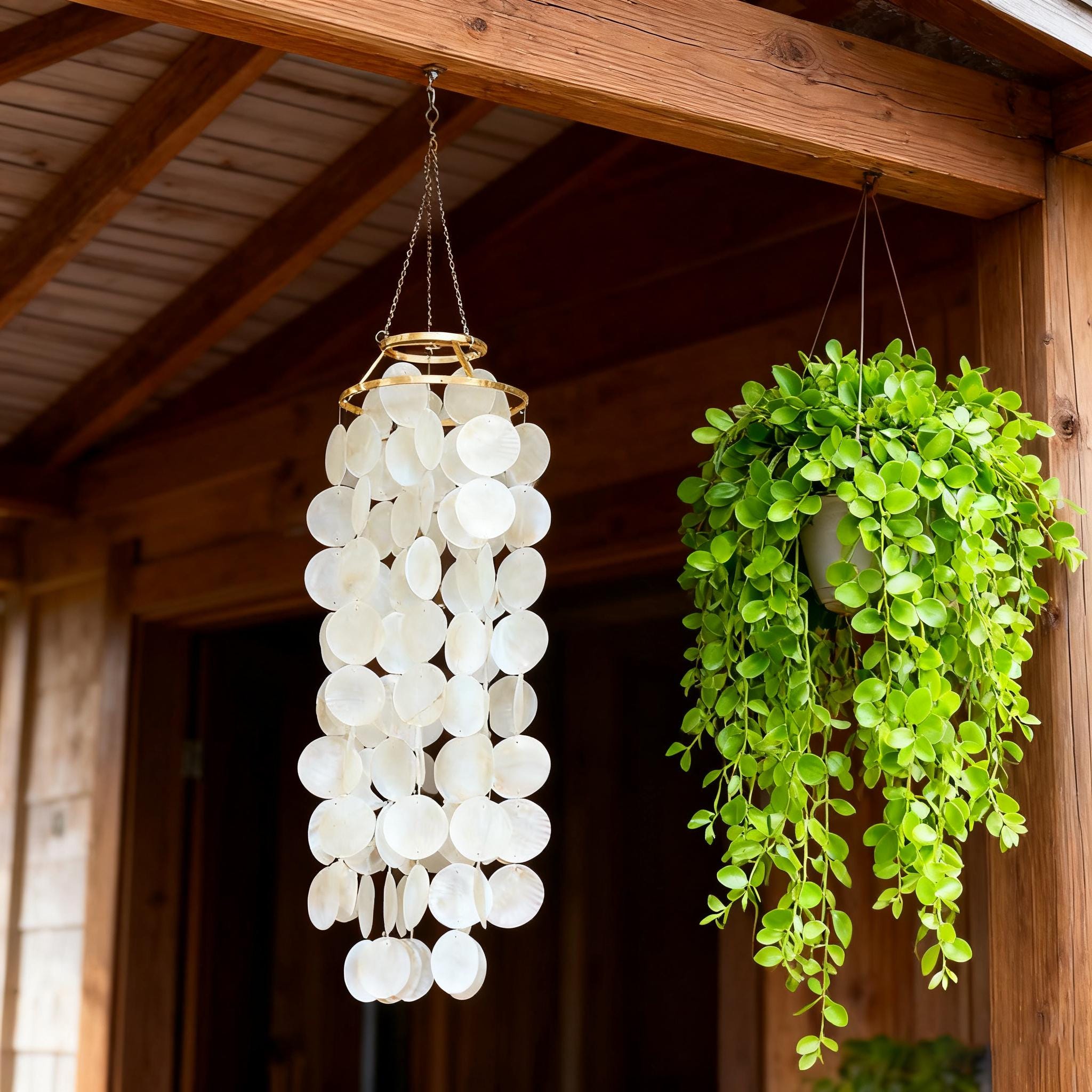 Handmade White Natural Capiz Wind Chime, Pearlescent Shell Chime for Porch, Capiz Shell Wind Chime, Wedding Gift, Porch & Garden Wind Chime