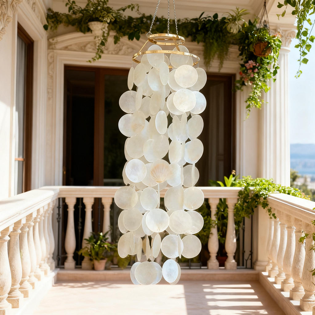 Handmade White Natural Capiz Wind Chime, Pearlescent Shell Chime for Porch, Capiz Shell Wind Chime, Wedding Gift, Porch & Garden Wind Chime