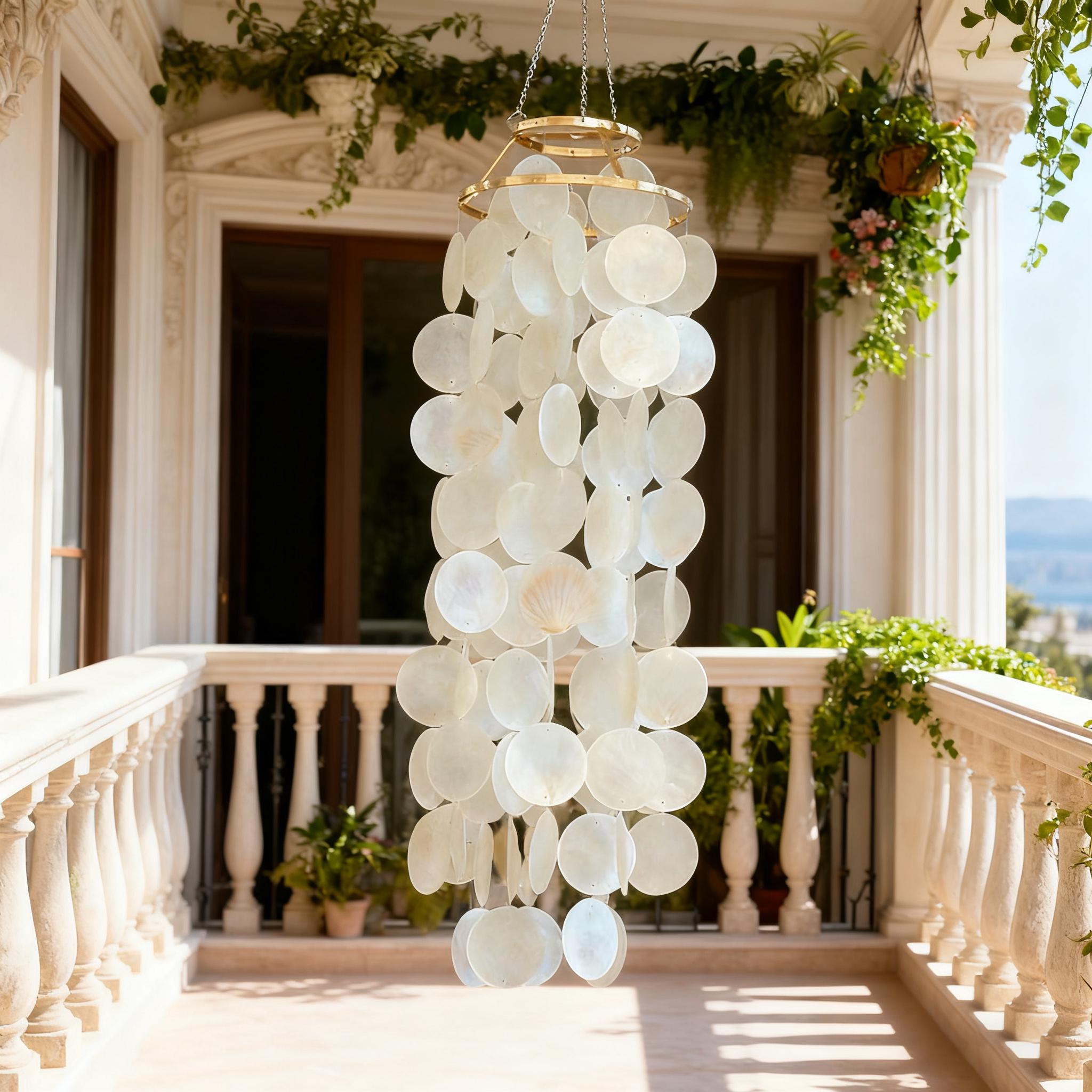 Handmade White Natural Capiz Wind Chime, Pearlescent Shell Chime for Porch, Capiz Shell Wind Chime, Wedding Gift, Porch & Garden Wind Chime