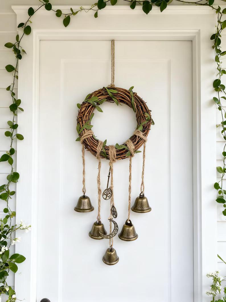Wreath Wind Chime Witch Bells, Wicca Witch Bells for Home Protection, Hanging Bells for Door Knob, Spiritual Gift for Her, Protection Amulet