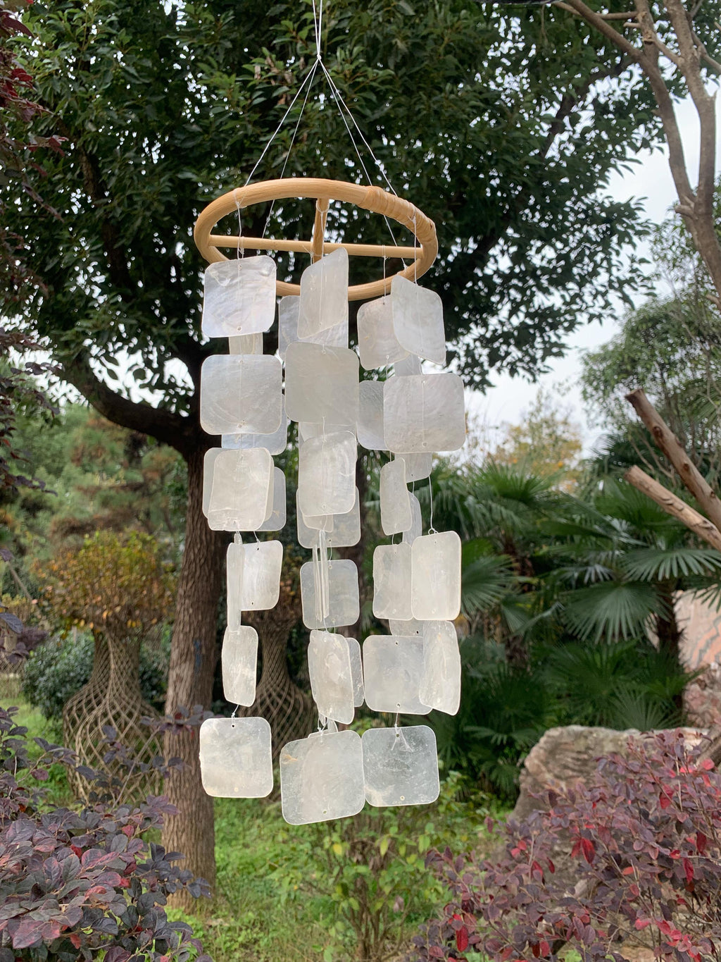 Modern Square Seashell Wind Chime in White, Handmade Coastal Porch Decor, White Ceramic Wind Chime, Coastal Patio Decor, Beach House Gift