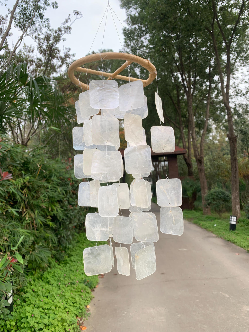 Modern Square Seashell Wind Chime in White, Handmade Coastal Porch Decor, White Ceramic Wind Chime, Coastal Patio Decor, Beach House Gift