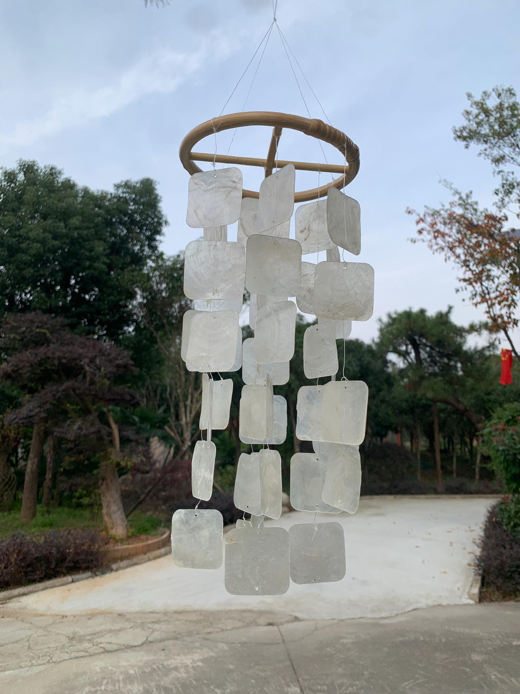 Modern Square Seashell Wind Chime in White, Handmade Coastal Porch Decor, White Ceramic Wind Chime, Coastal Patio Decor, Beach House Gift