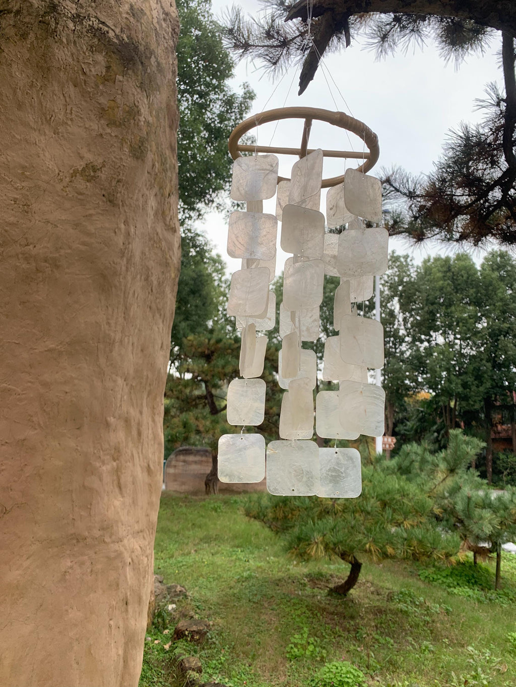 Modern Square Seashell Wind Chime in White, Handmade Coastal Porch Decor, White Ceramic Wind Chime, Coastal Patio Decor, Beach House Gift