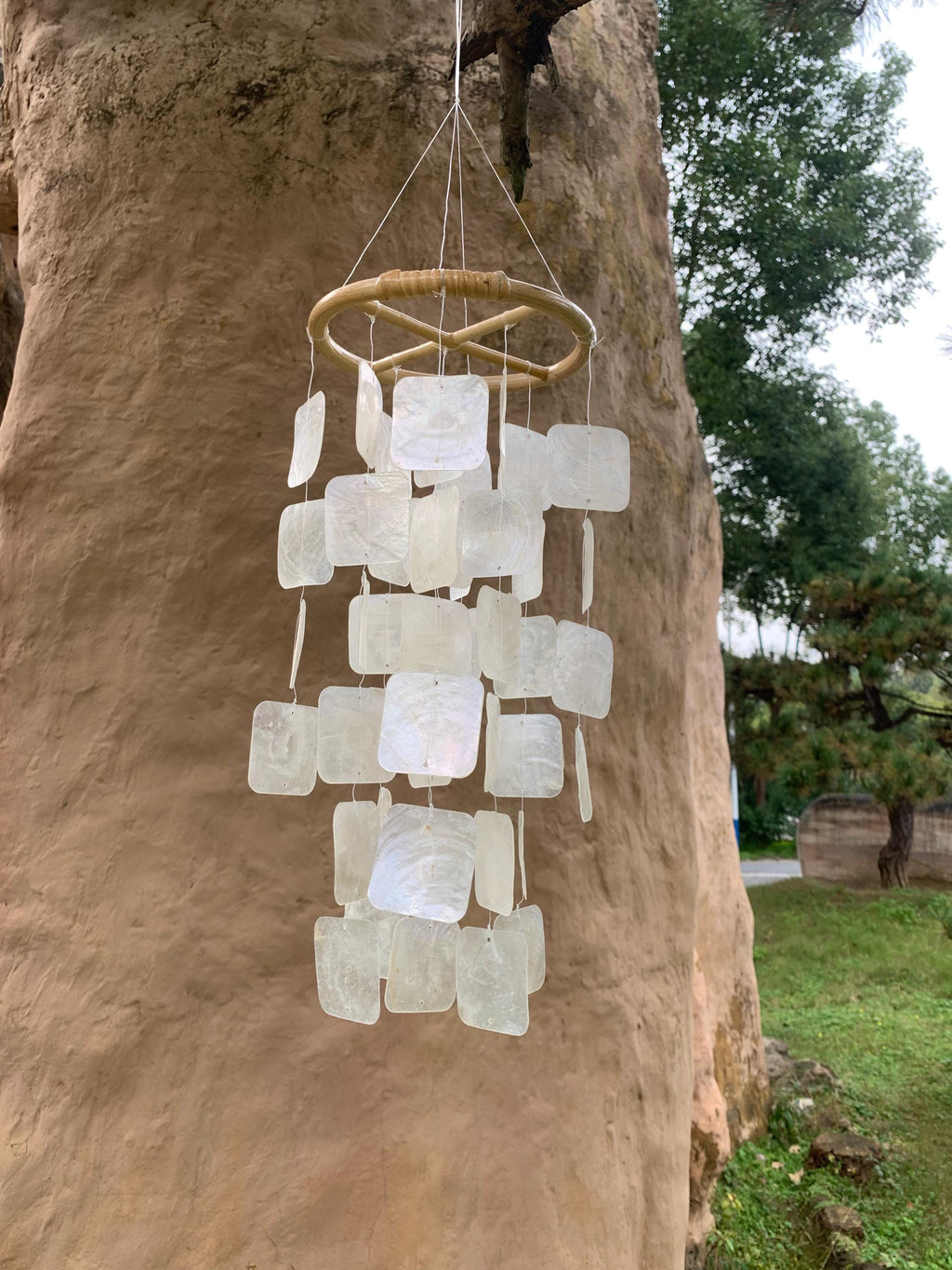 Modern Square Seashell Wind Chime in White, Handmade Coastal Porch Decor, White Ceramic Wind Chime, Coastal Patio Decor, Beach House Gift