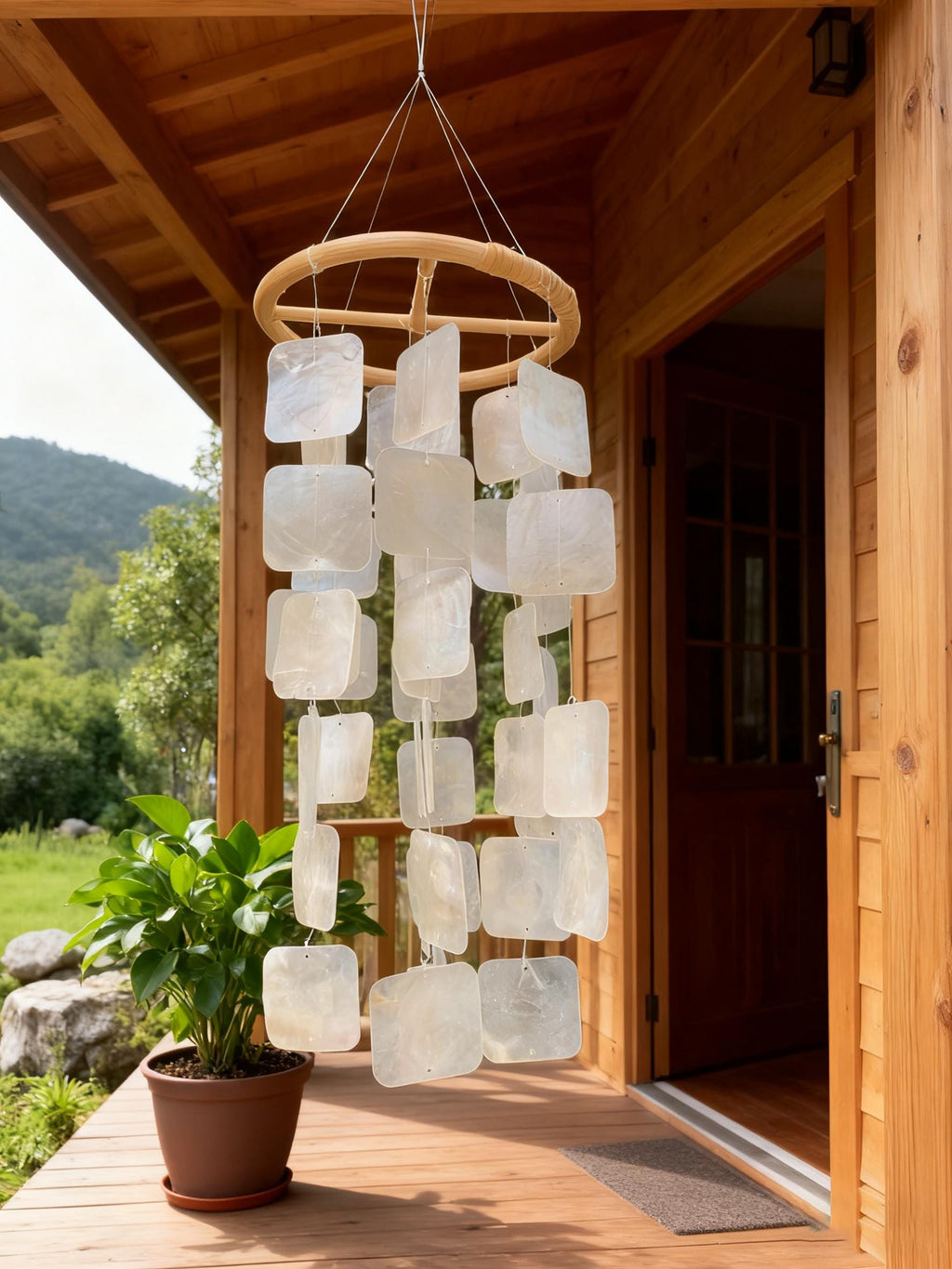 Modern Square Seashell Wind Chime in White, Handmade Coastal Porch Decor, White Ceramic Wind Chime, Coastal Patio Decor, Beach House Gift