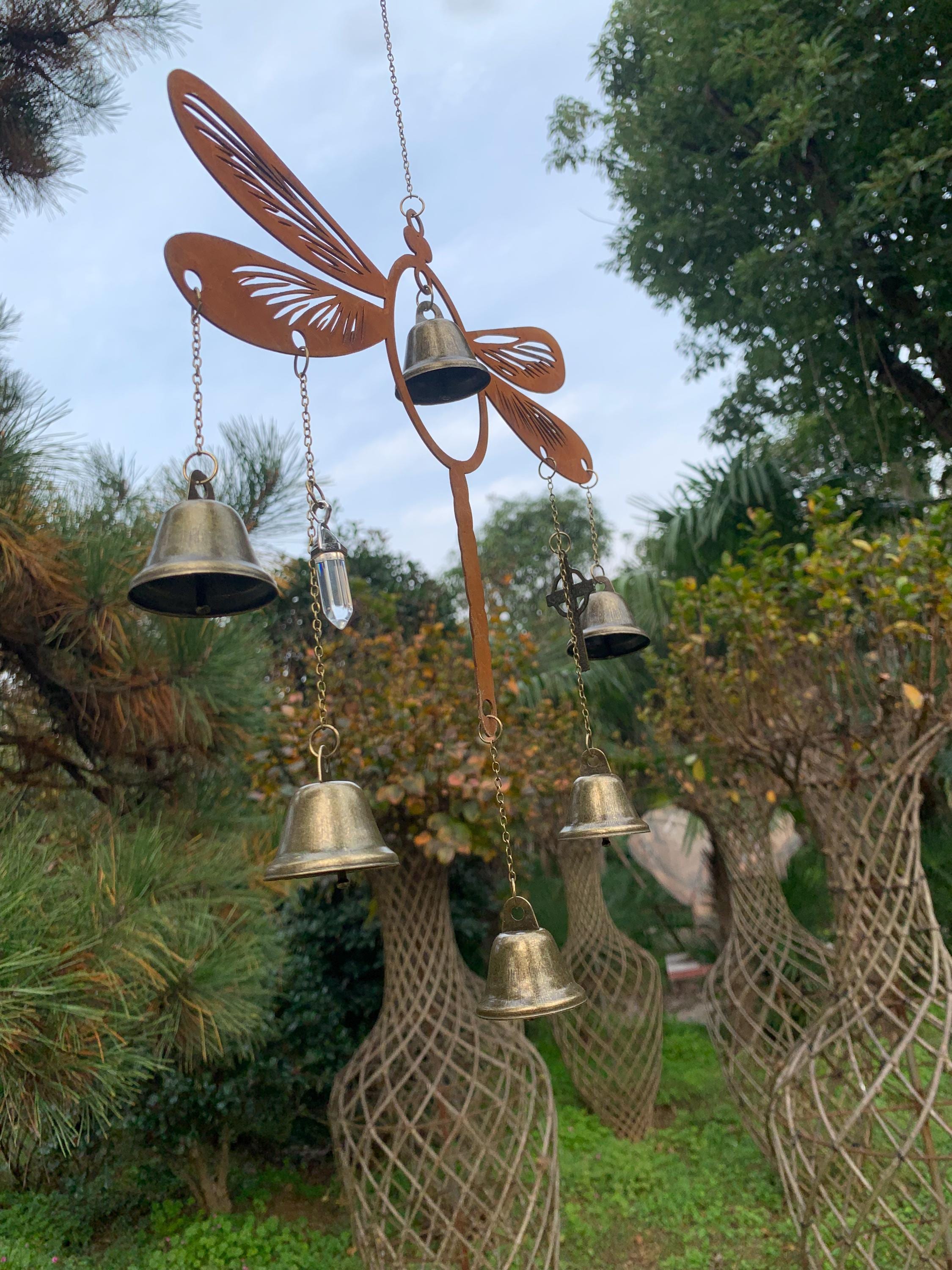 Rusty Dragonfly Witch Bells for Door Protection, Pagan Wiccan Supplies, Bohemian Home Decor, Spiritual Housewarming Gift, Iron Dragonfly art