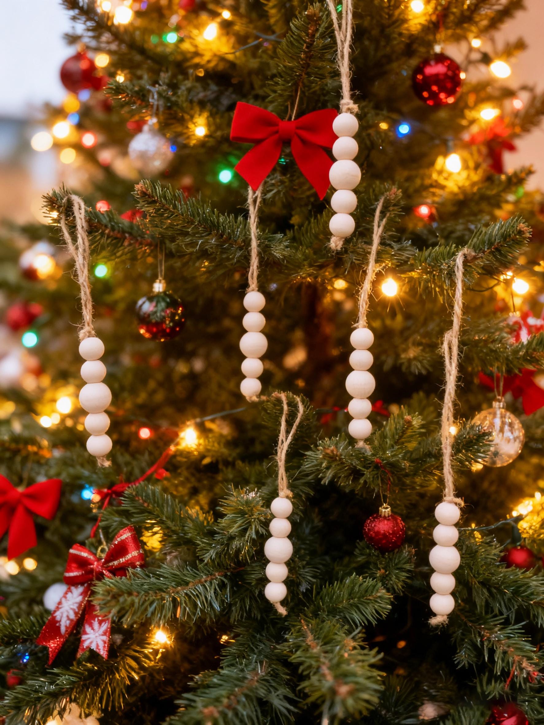 Hanging Wooden Bead Christmas Tree Ornament, Handmade Wood Bead Ornament, Natural Wood Christmas Decoration, Minimalist Christmas Decor