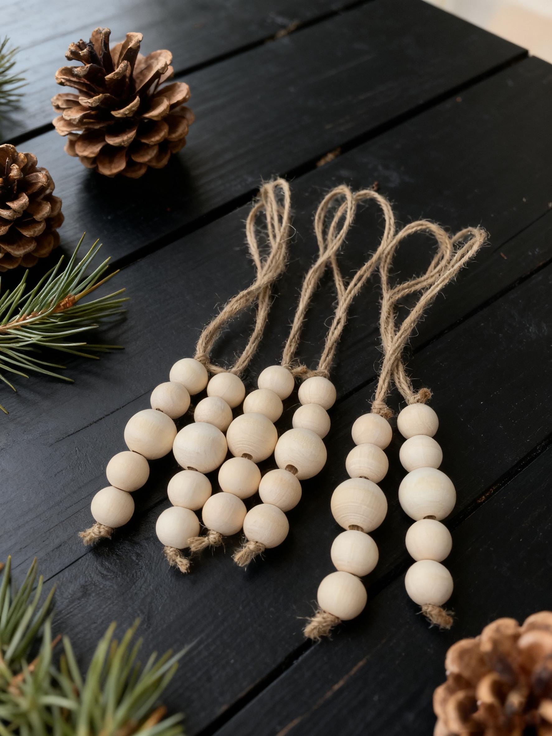 Hanging Wooden Bead Christmas Tree Ornament, Handmade Wood Bead Ornament, Natural Wood Christmas Decoration, Minimalist Christmas Decor