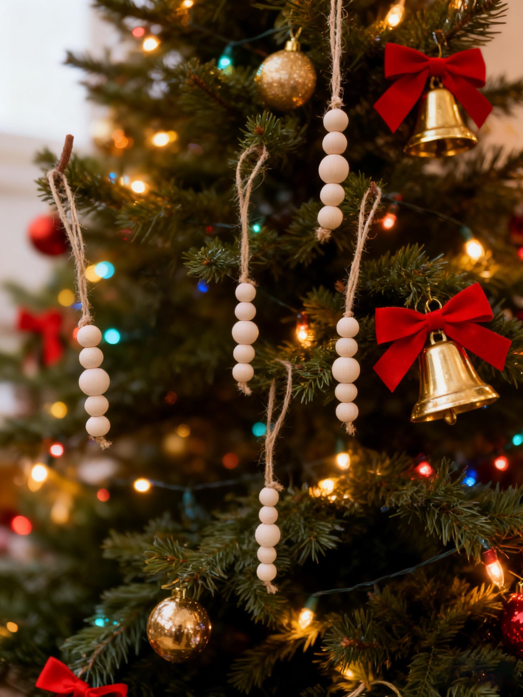 Hanging Wooden Bead Christmas Tree Ornament, Handmade Wood Bead Ornament, Natural Wood Christmas Decoration, Minimalist Christmas Decor