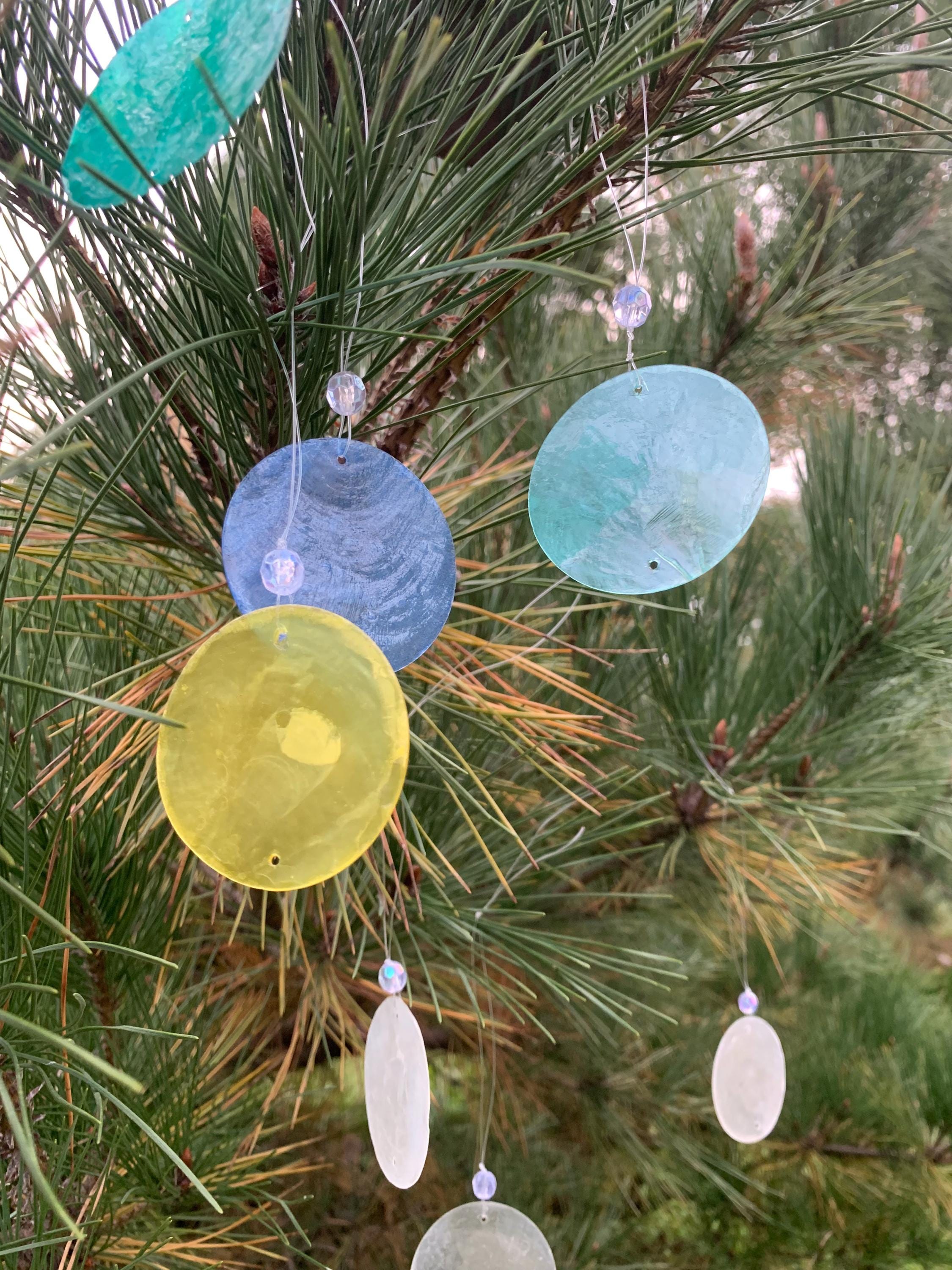 Colorful Natural Capiz Shell Ornament, Iridescent Yule Tree Decoration, Handmade Boho Christmas Bauble, Minimalist Holiday Decor, Yule Decor
