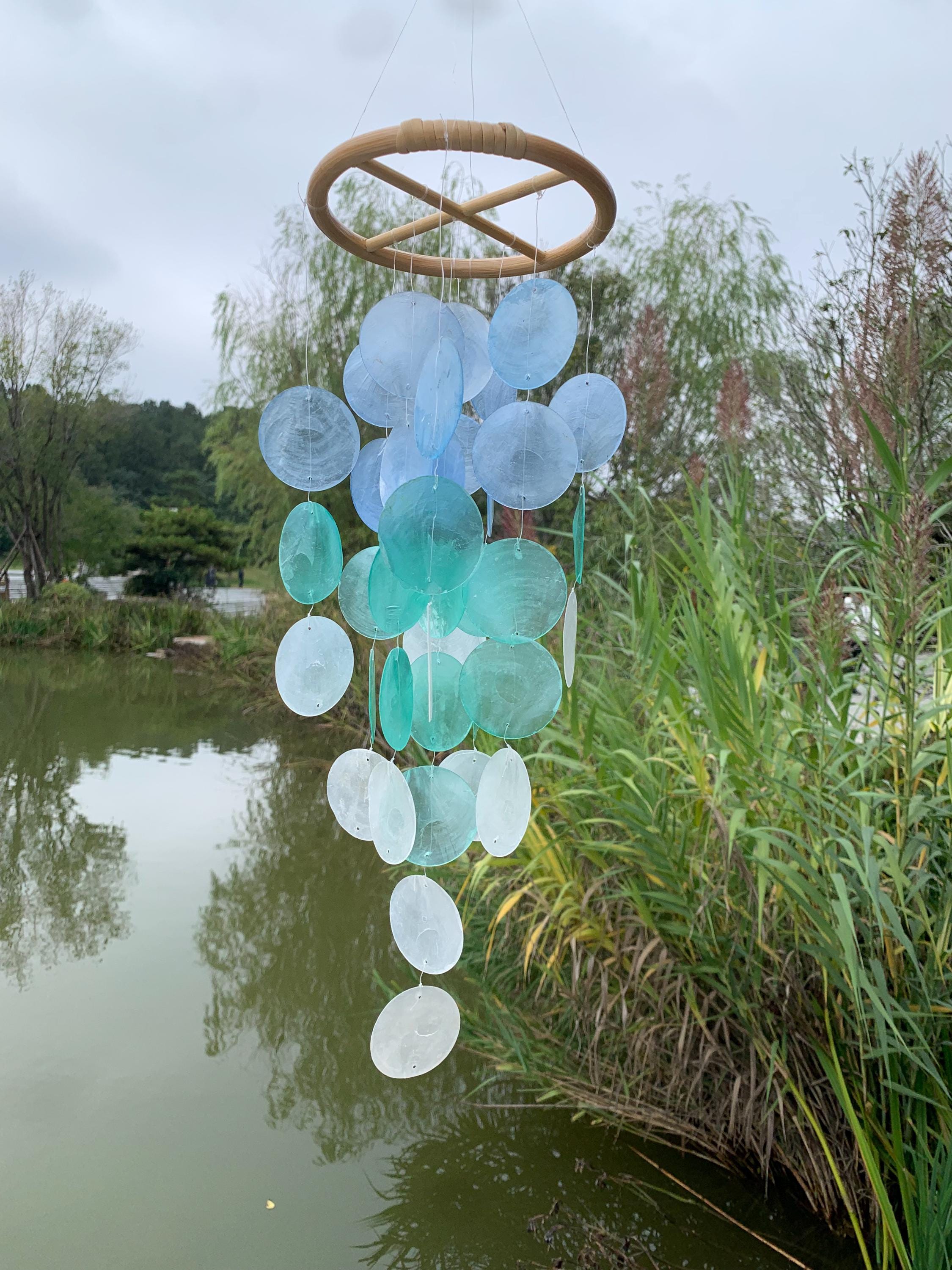 Handmade Blue & White Seashell Wind Chime,  Natural Ocean Beach Decor, Ocean Breeze Seashell Wind Chime, Beach House Decor, Gifts for Her