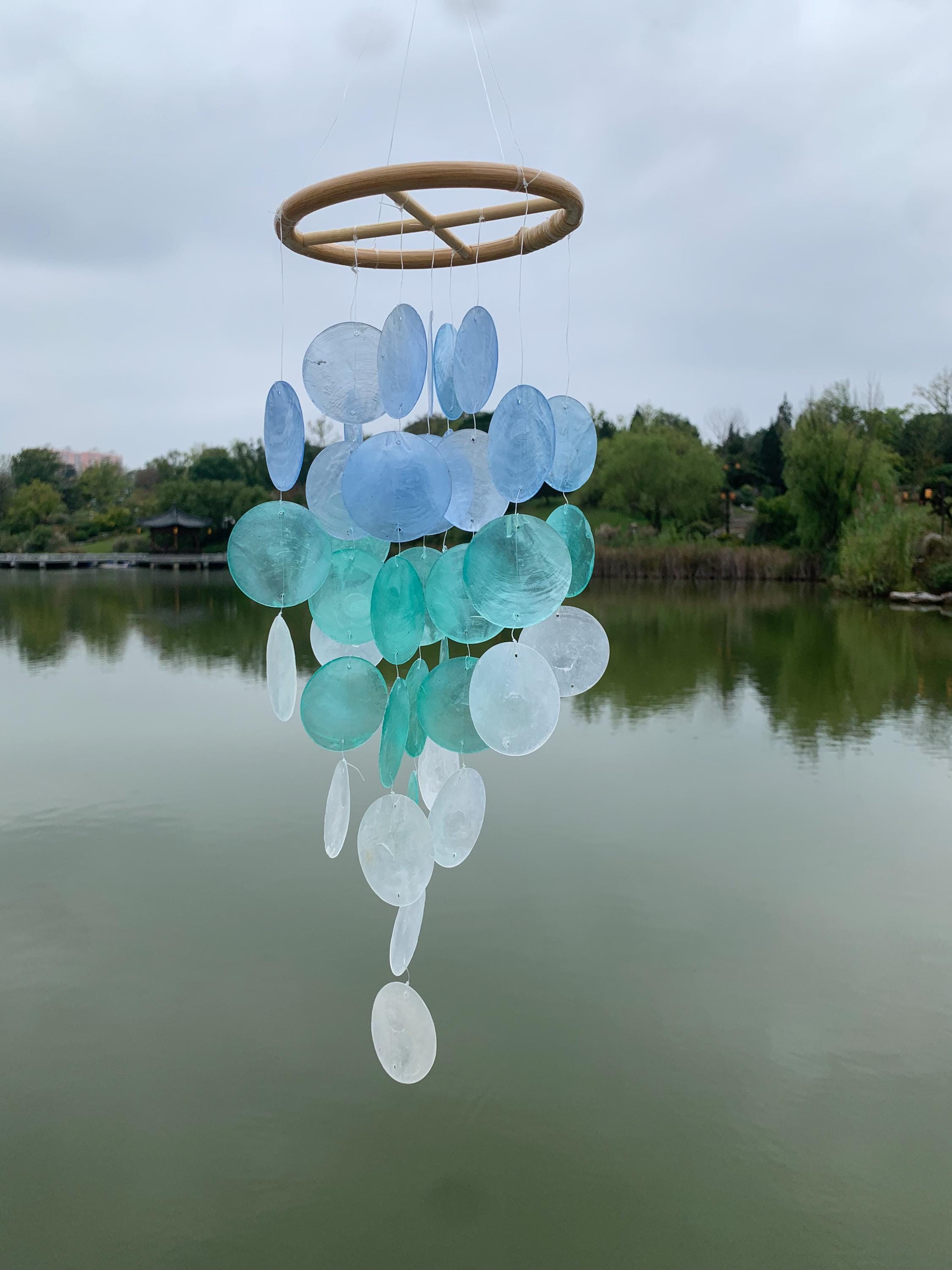 Handmade Blue & White Seashell Wind Chime,  Natural Ocean Beach Decor, Ocean Breeze Seashell Wind Chime, Beach House Decor, Gifts for Her