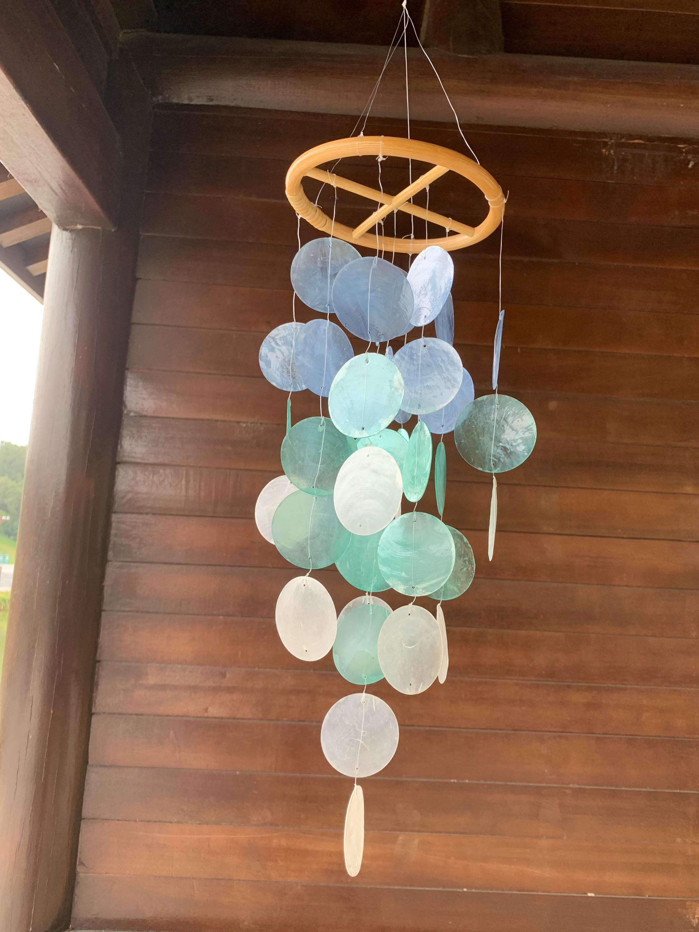 Handmade Blue & White Seashell Wind Chime,  Natural Ocean Beach Decor, Ocean Breeze Seashell Wind Chime, Beach House Decor, Gifts for Her