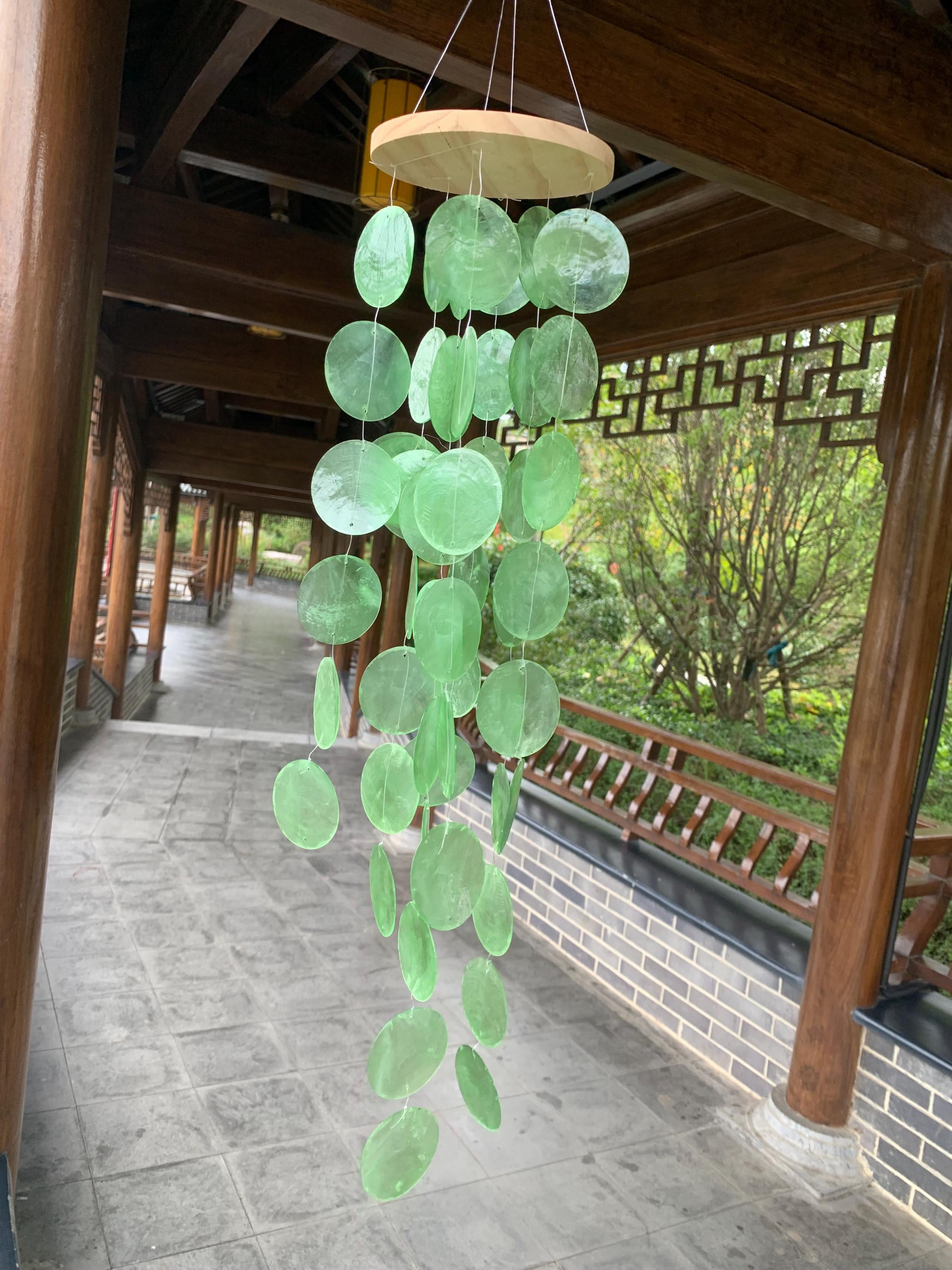 Green Hand Weaved Wind chime, Windchimes for Outdoors, Capiz Shell Wind Chime for Patio Balcony Decor, Boho Ornament