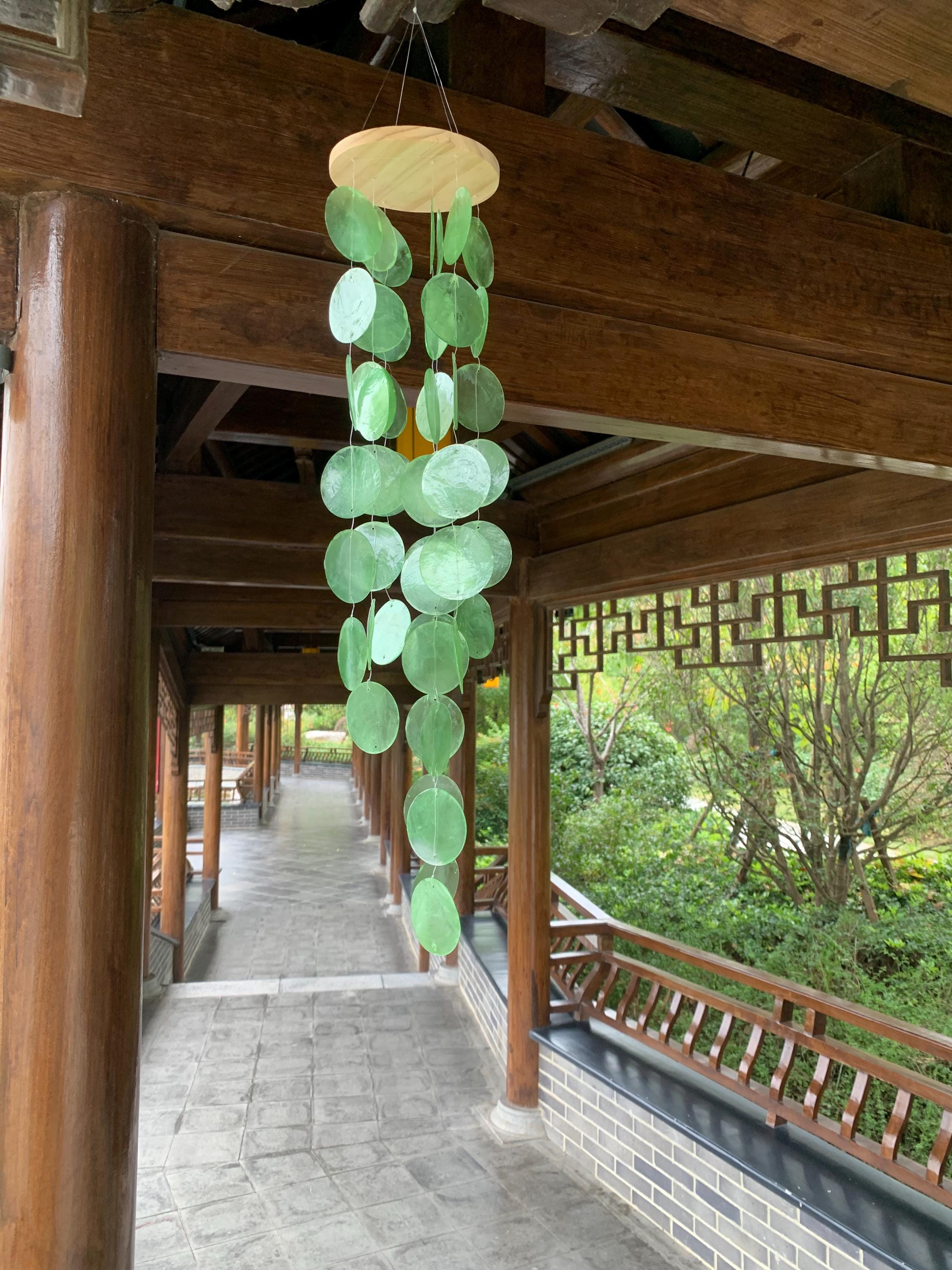 Green Hand Weaved Wind chime, Windchimes for Outdoors, Capiz Shell Wind Chime for Patio Balcony Decor, Boho Ornament